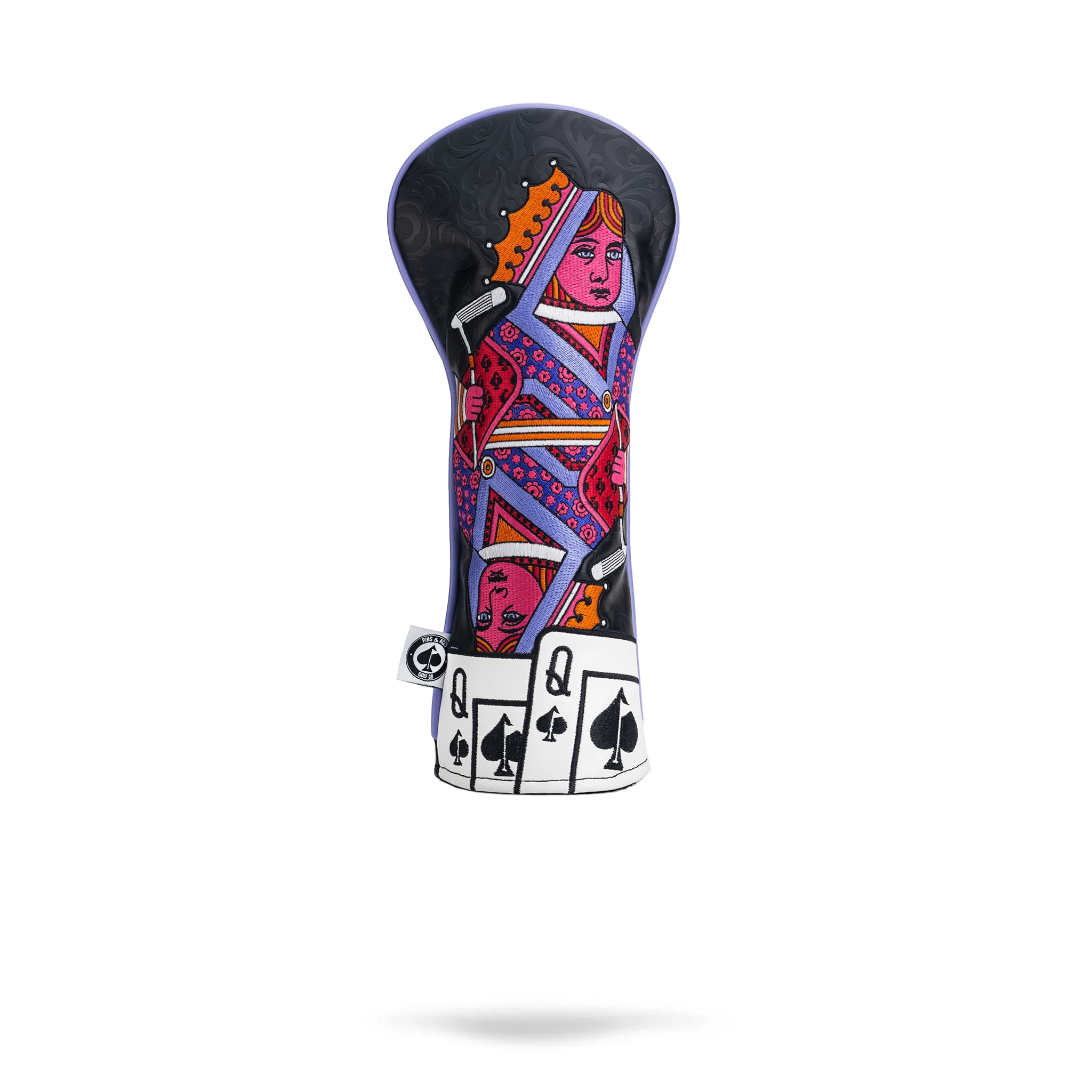Colorful golf headcover featuring a bold, artistic design of a queen playing card, perfect for golfers who want to stand out.