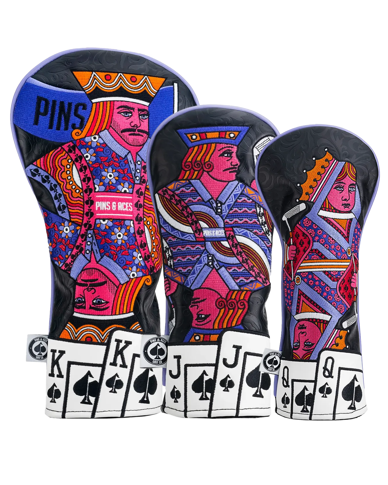 Bold Royal Flush headcover set featuring vibrant card-themed designs for drivers and fairway woods. Perfect for standout golfers.