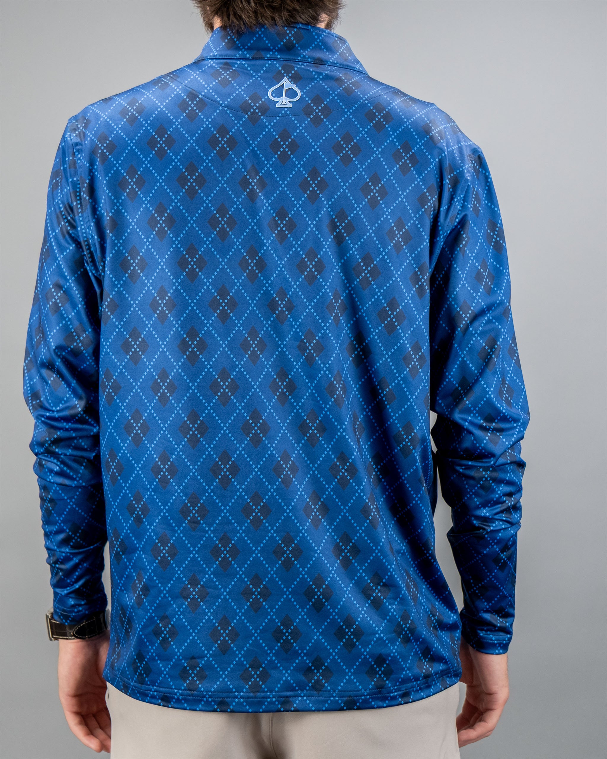 Windsor Blue pullover featuring a diamond pattern, shown from the back on a model against a gray background.