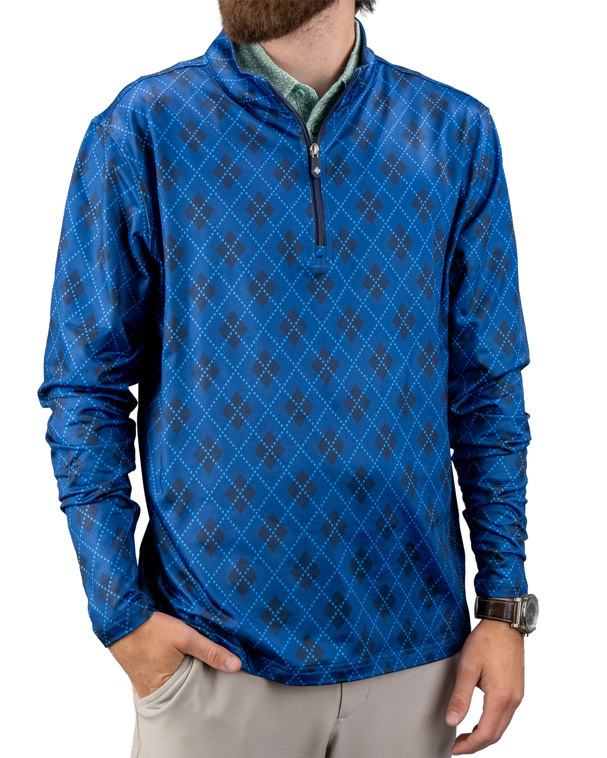Windsor Blue pullover featuring a diamond pattern, half-zip collar, and long sleeves, worn by a man.