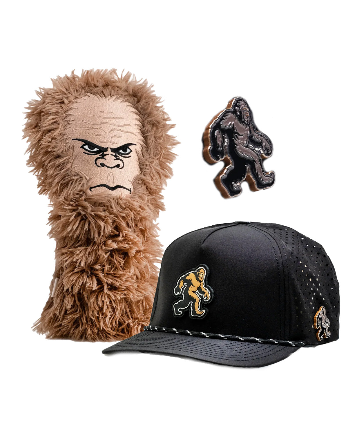 Sasquatch Collection Bundle featuring a furry headcover, a black cap with a Sasquatch logo, and a Sasquatch pin.