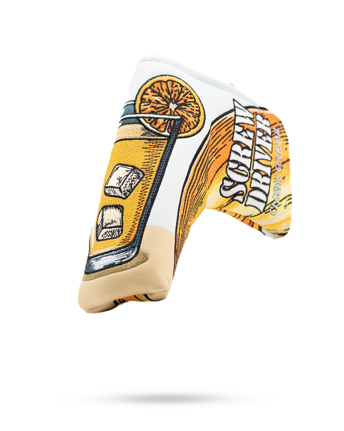 Screwdriver blade putter cover featuring a colorful design of a cocktail with ice and an orange slice.
