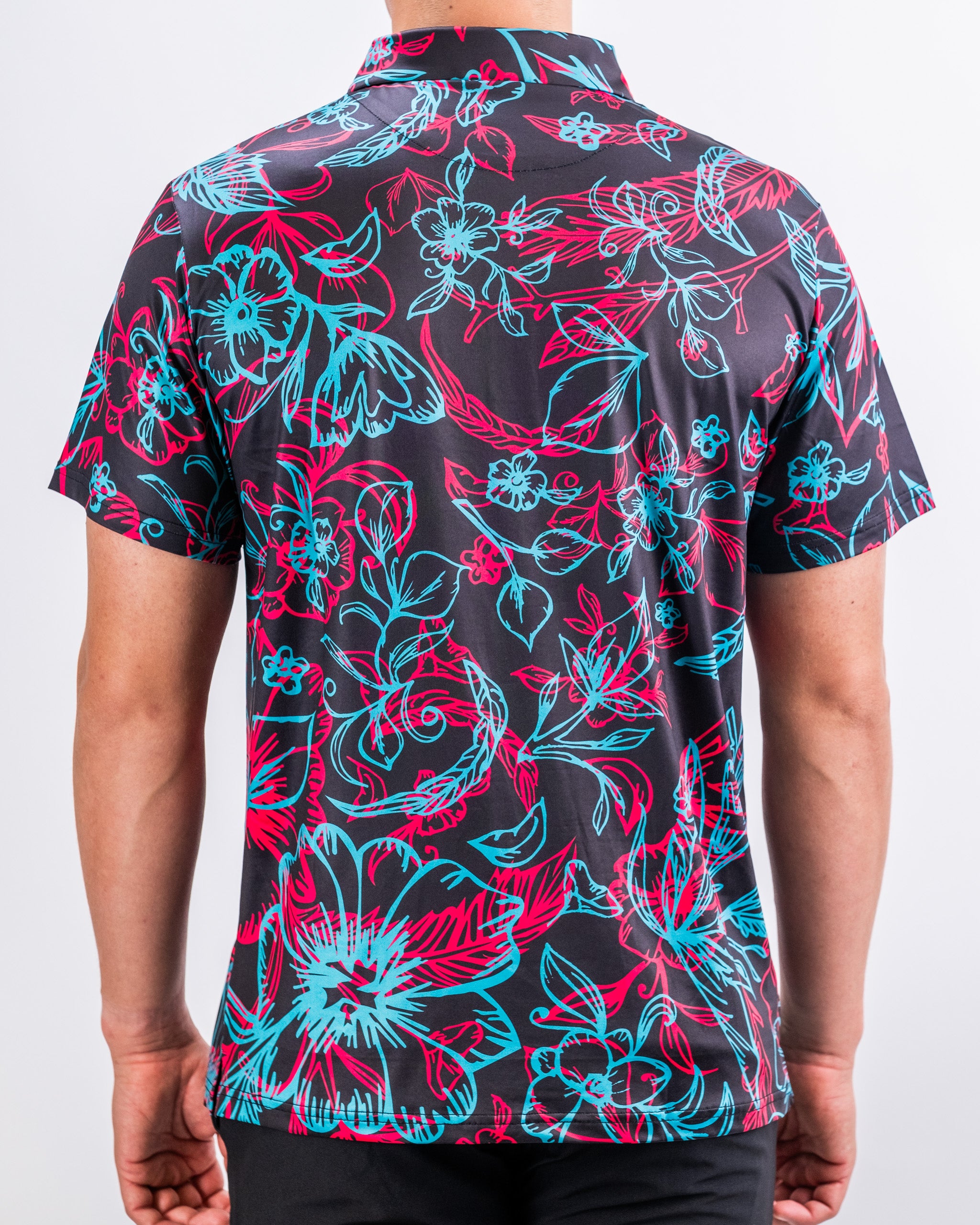 Men's Cabo Electric shirt in vibrant blue with a tropical palm leaf pattern, perfect for casual summer wear.