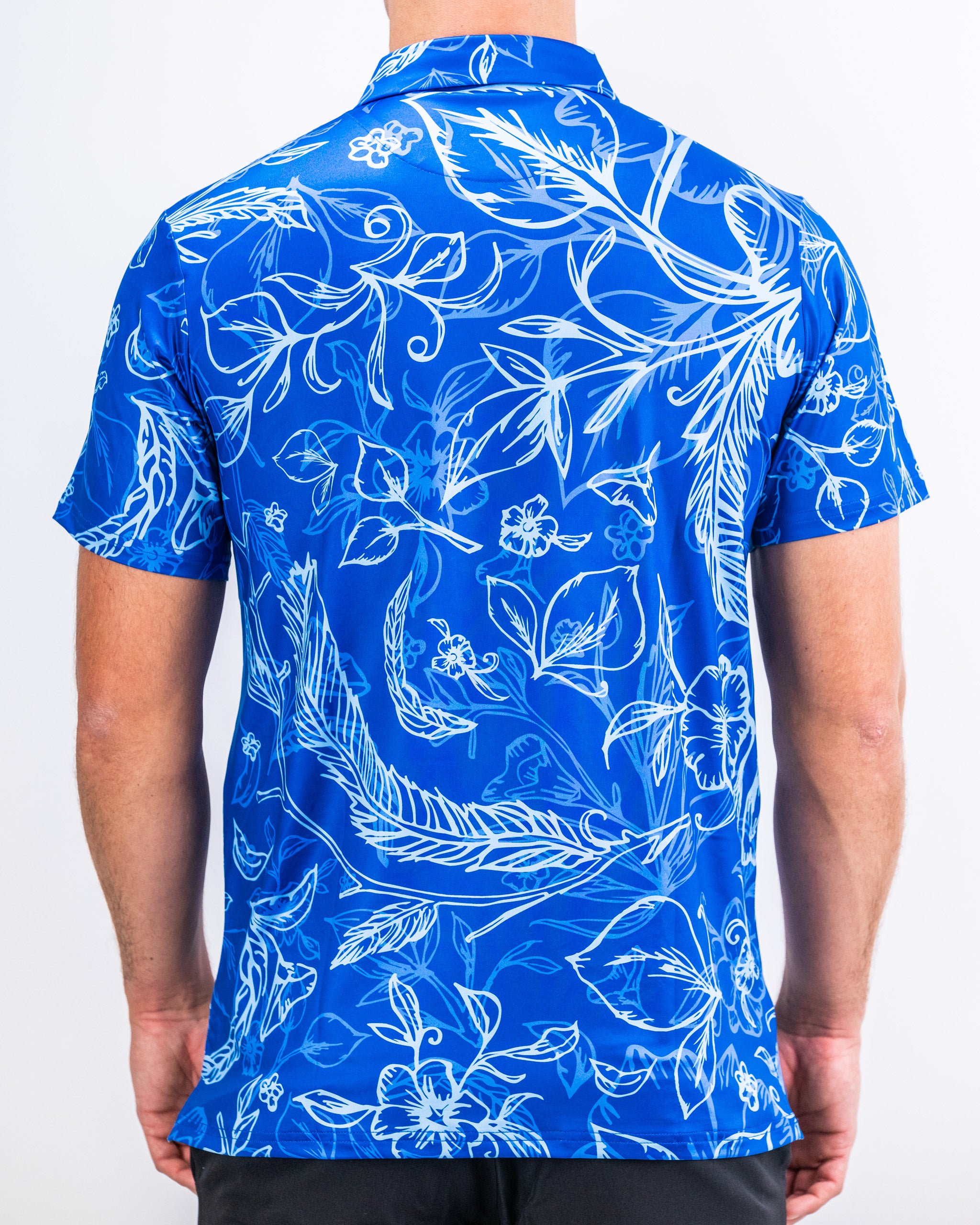 Men's Cabo Ocean shirt featuring a vibrant blue color and tropical print, suitable for casual wear.