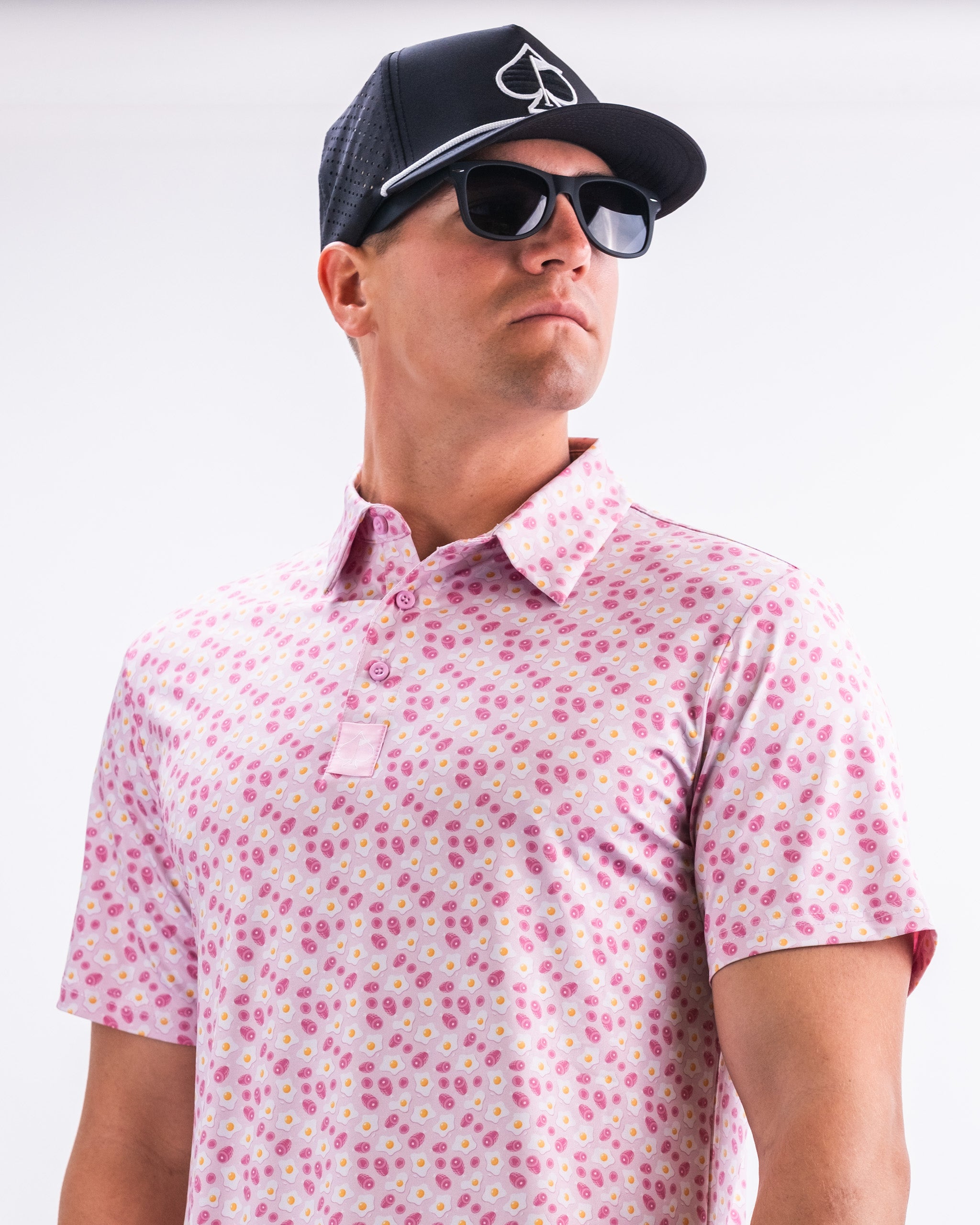 Men's Ham n' Egg casual shirt featuring a colorful egg pattern on a light background.