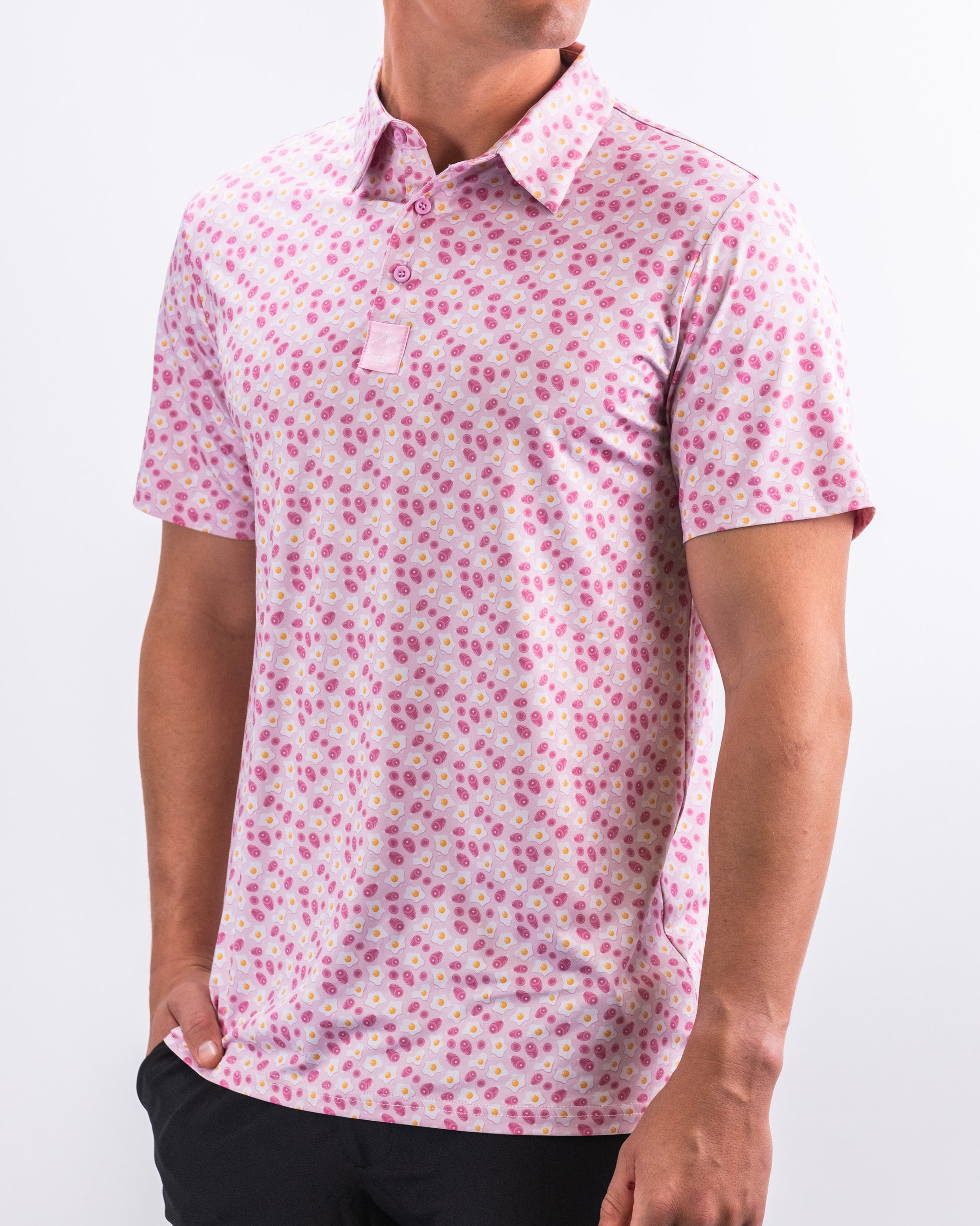Men's Ham n' Egg casual shirt featuring a vibrant abstract pattern in shades of pink, orange, and white, perfect for spring style.