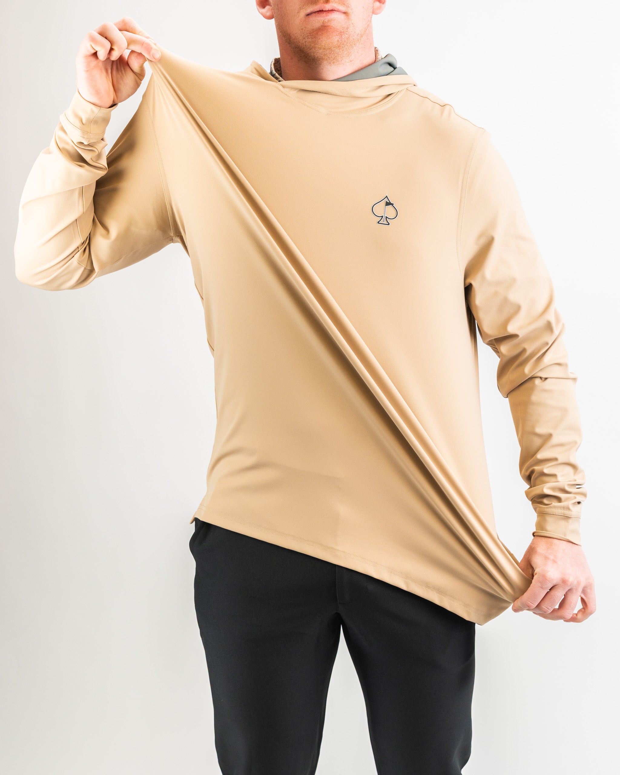Men's performance golf hoodie in Big Blind Sand color, featuring a modern design and comfortable fit, perfect for golfing and outdoor activities.