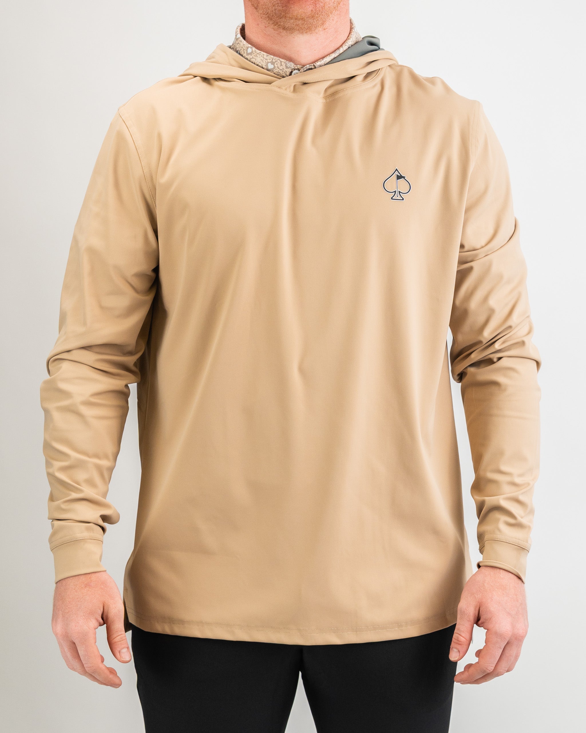 Men's performance golf hoodie in Big Blind Sand color, showcasing a comfortable design with a front pocket and hood.