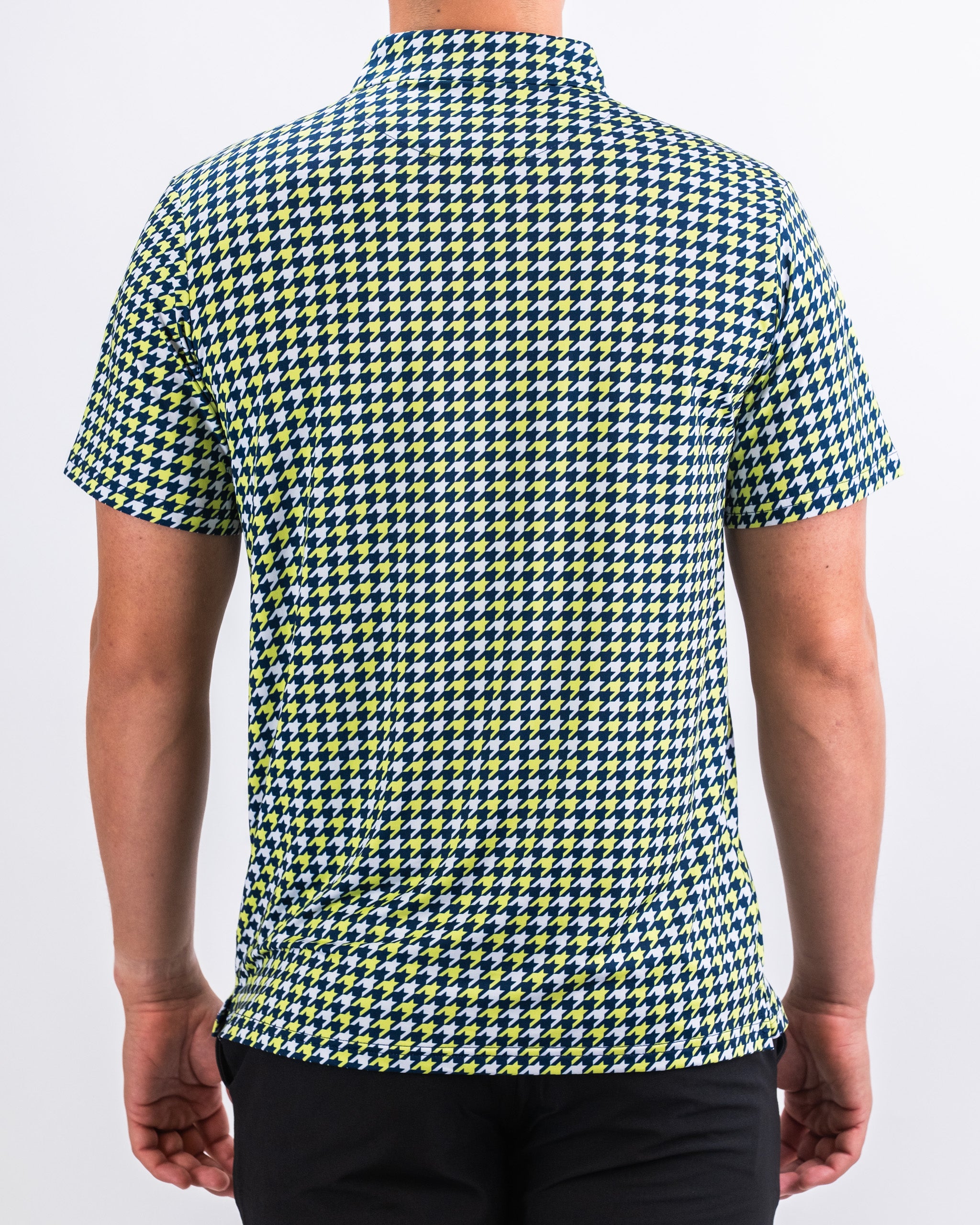 Men's houndstooth print shirt in lime green and black colors.