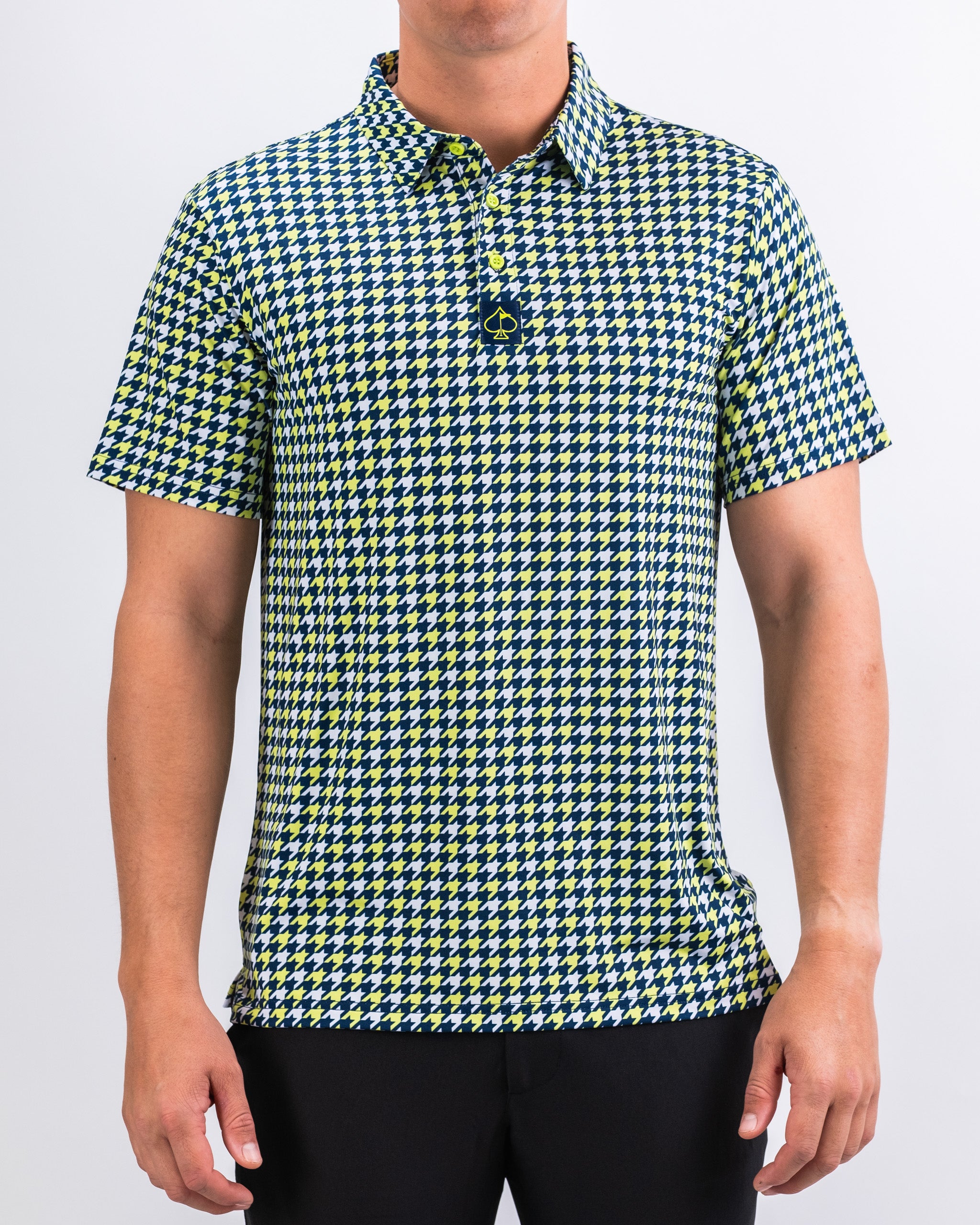 Lime houndstooth patterned men's shirt displayed on a white background.