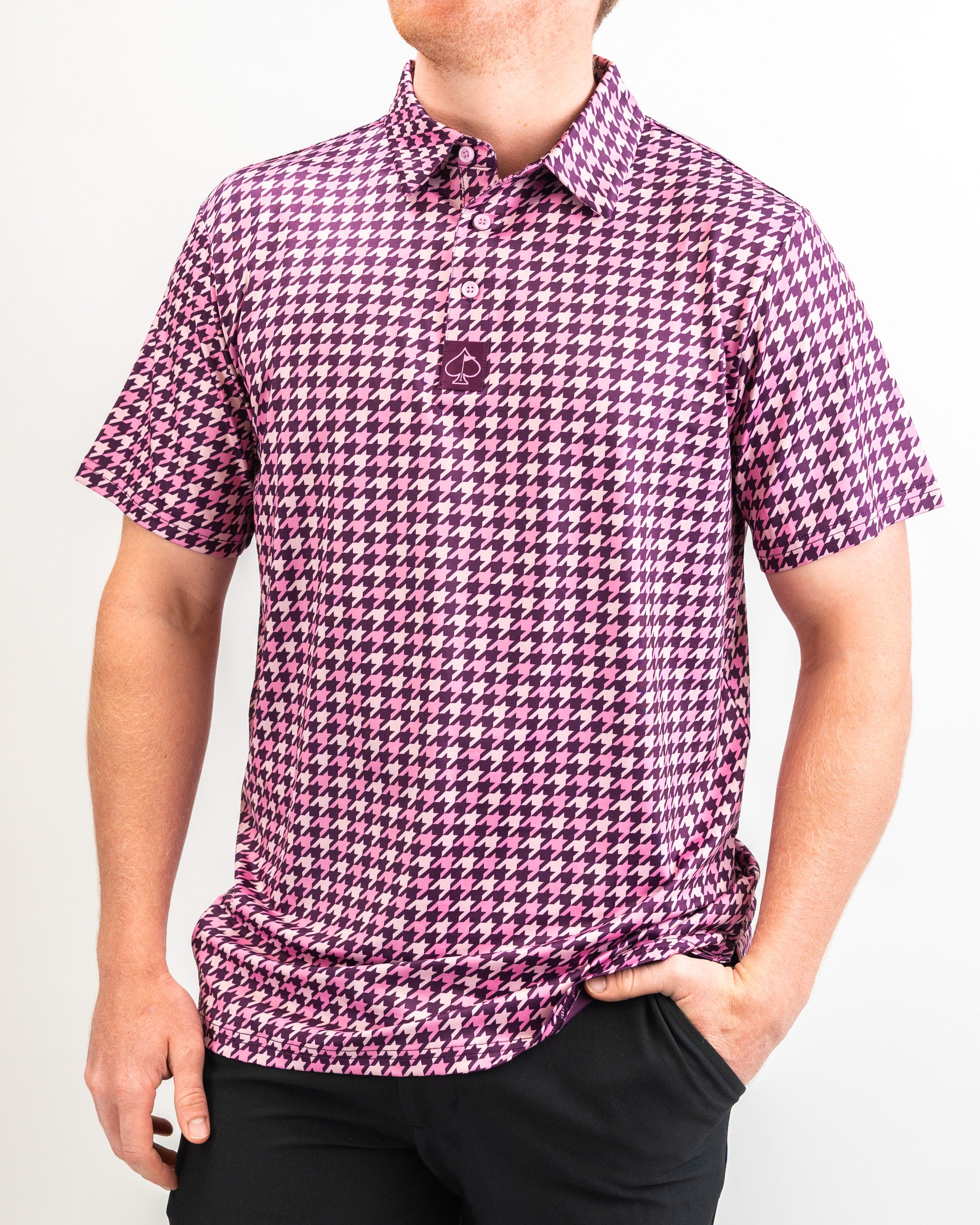 Men's houndstooth patterned shirt in raspberry color.