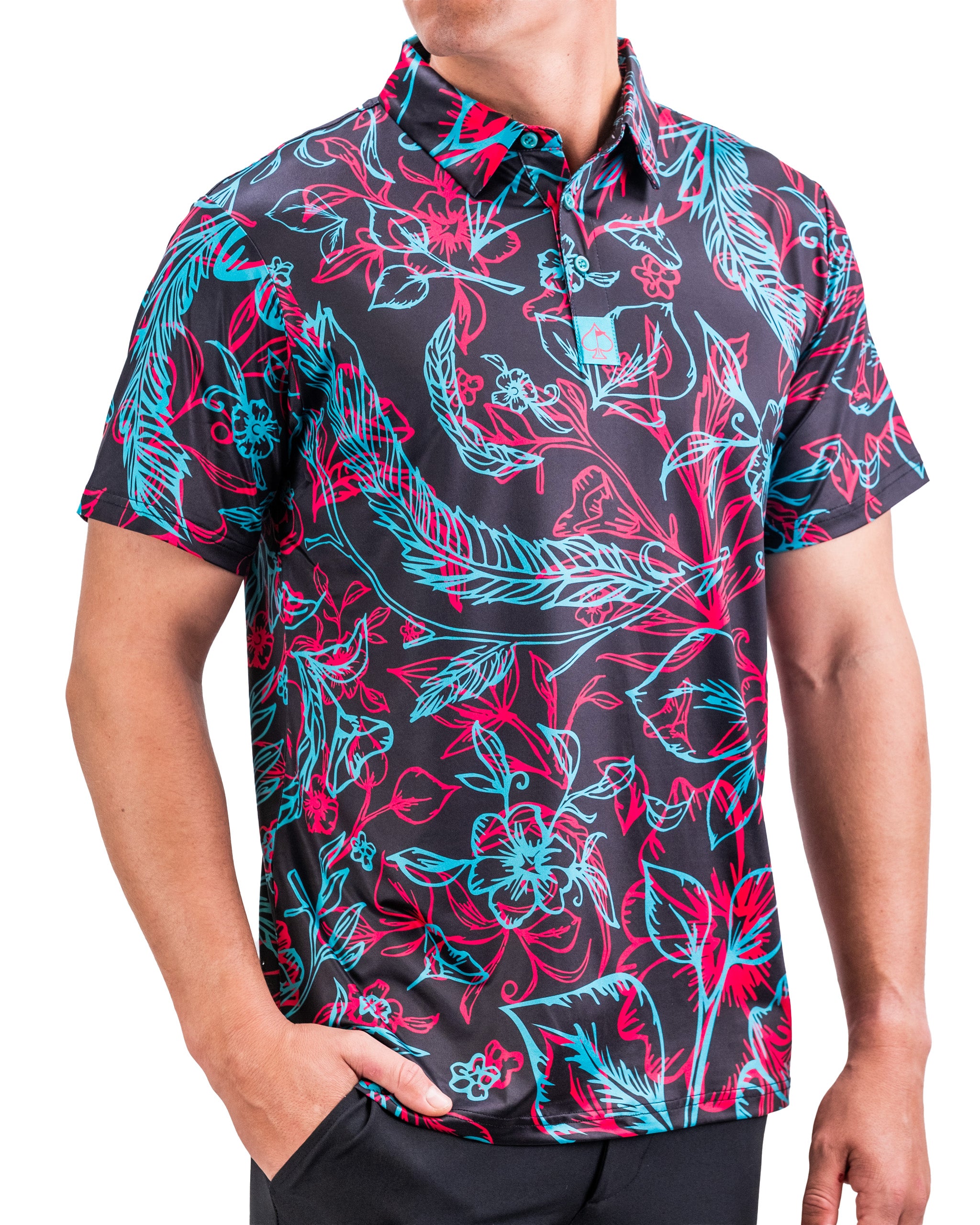 Cabo Electric men's spring collection shirt in blue with vibrant floral pattern displayed on a hanger.