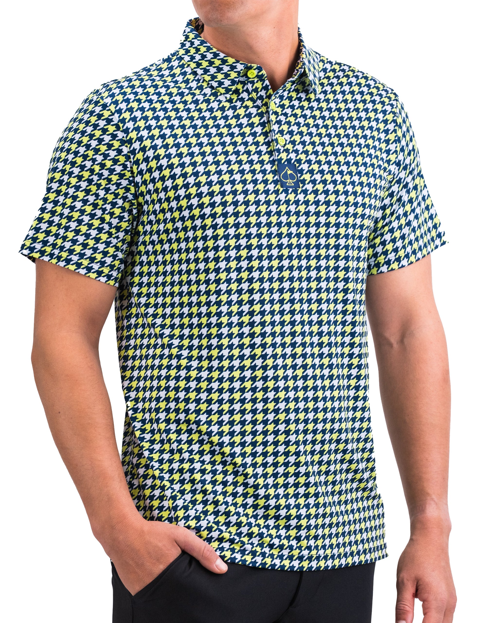 Houndstooth pattern in vibrant lime green, showcasing a stylish men's shirt with a modern fit.