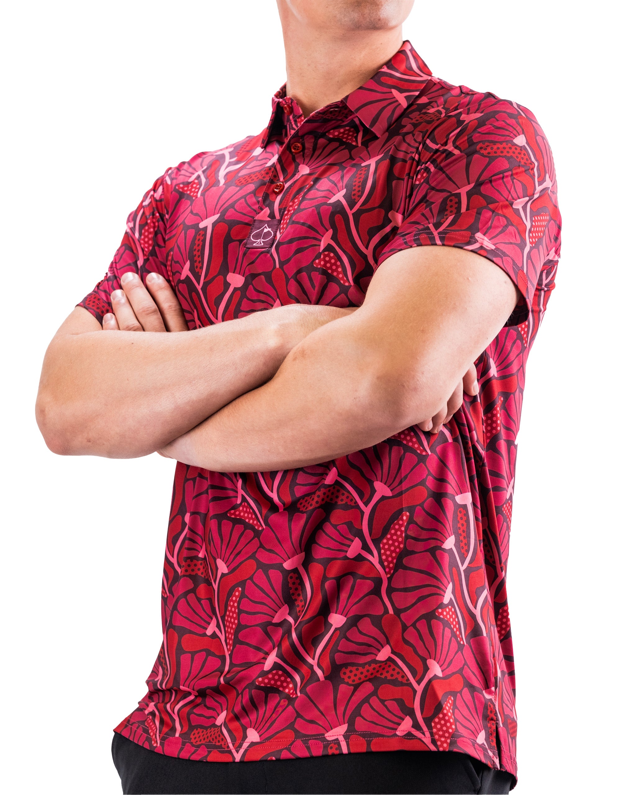 Garden Party Crimson Bloom men's shirt featuring vibrant floral patterns on a light background.