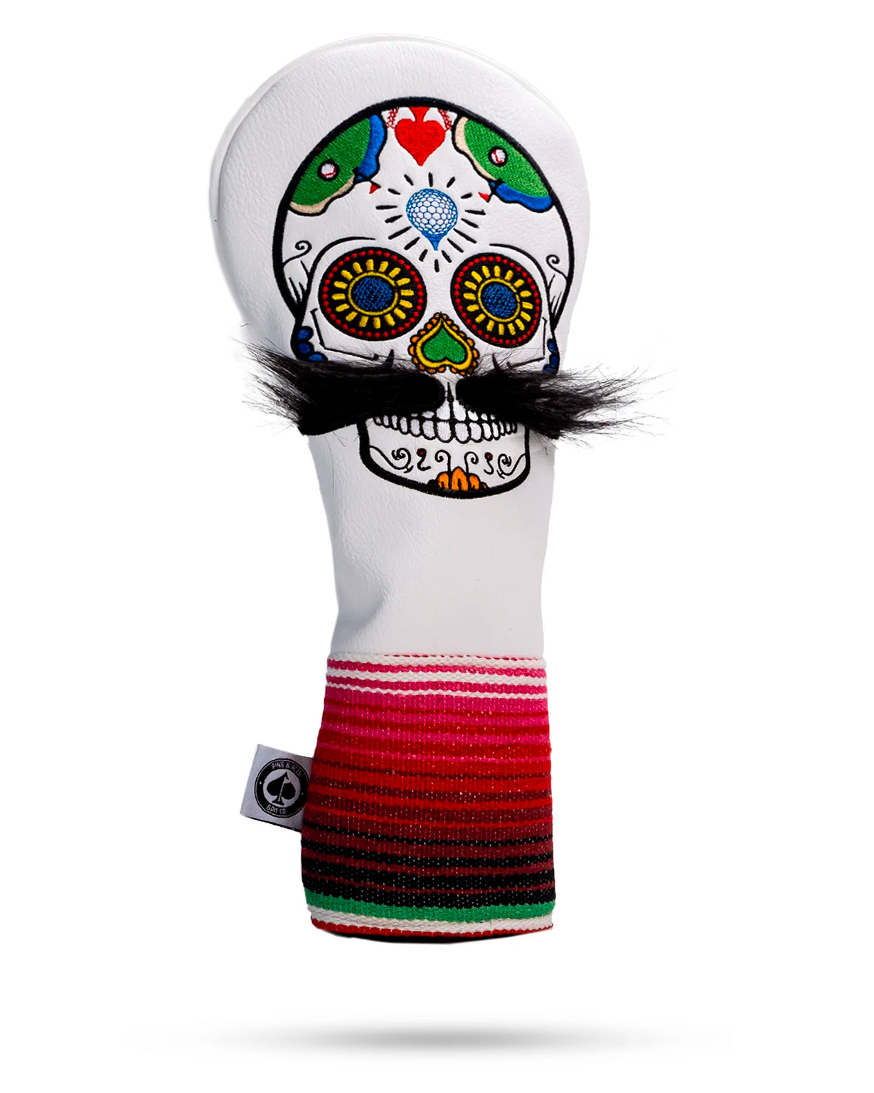 Colorful sugar skull golf headcover with black faux mustache, vibrant embroidered details, and striped red, pink, black, a...