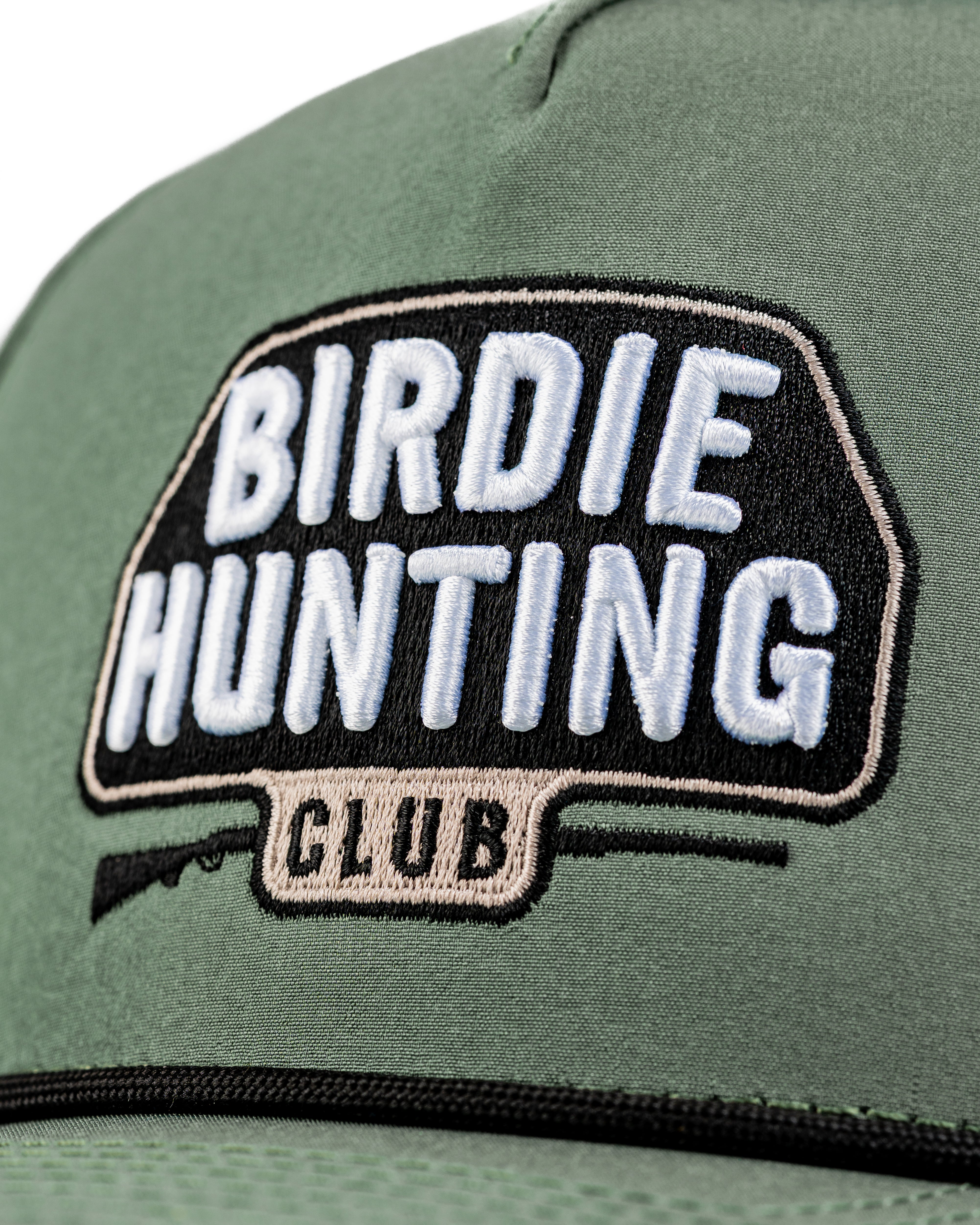 Perforated rope hat featuring "Birdie Hunting Club" embroidered logo, designed for stylish golfers.