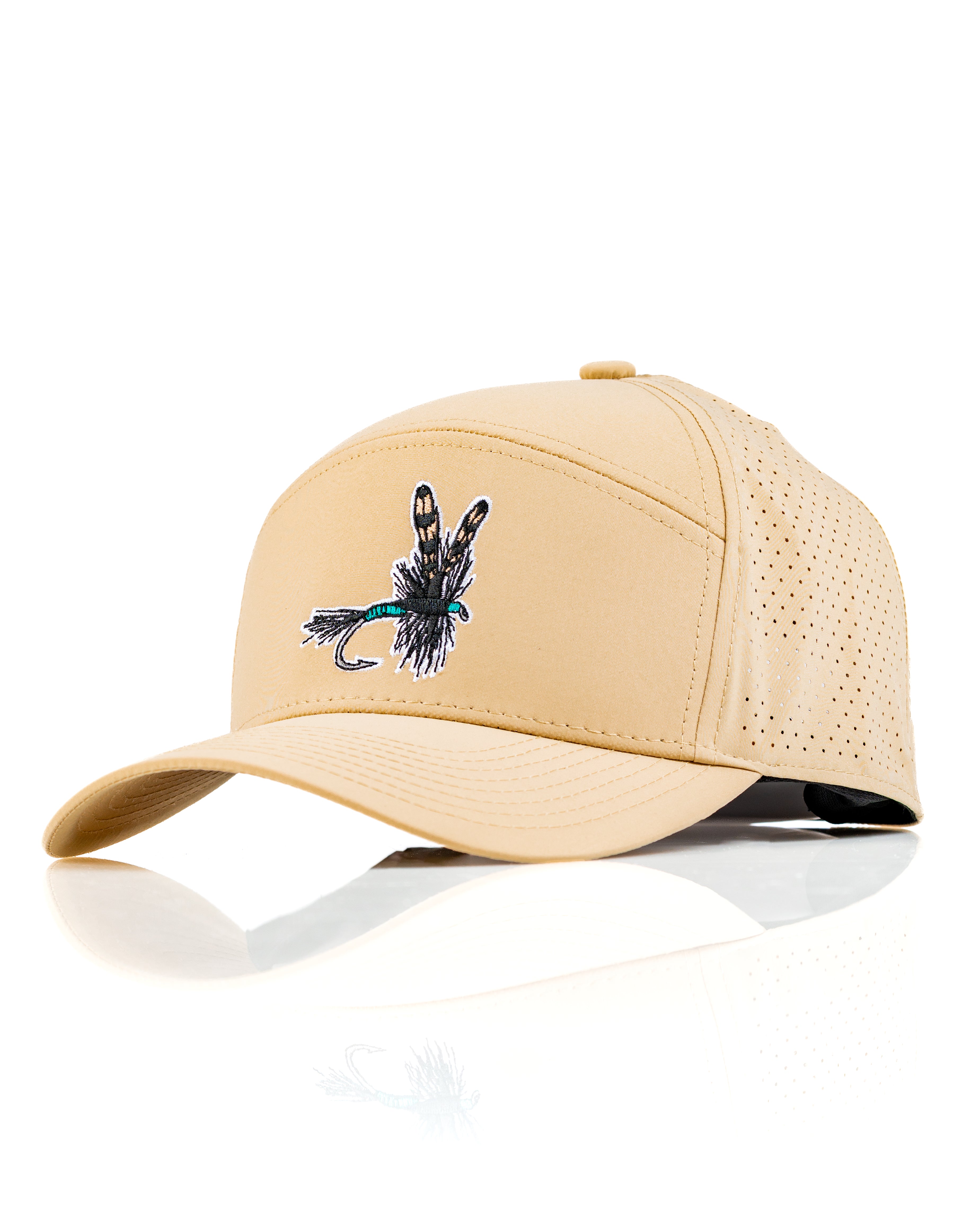 Beige Tradesman Hat featuring a fly fishing lure design, perfect for outdoor enthusiasts and stylish golfers.