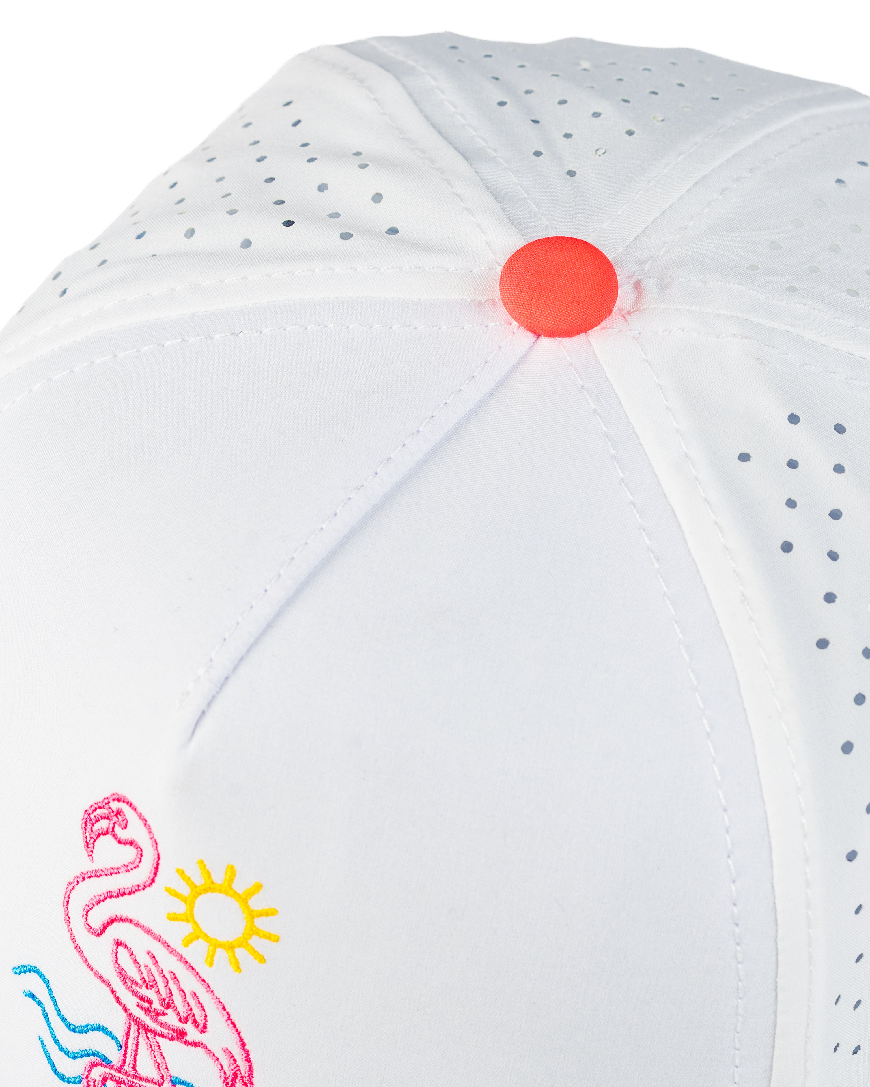 Perforated white rope hat featuring a colorful flamingo design and sun, perfect for stylish golfers.
