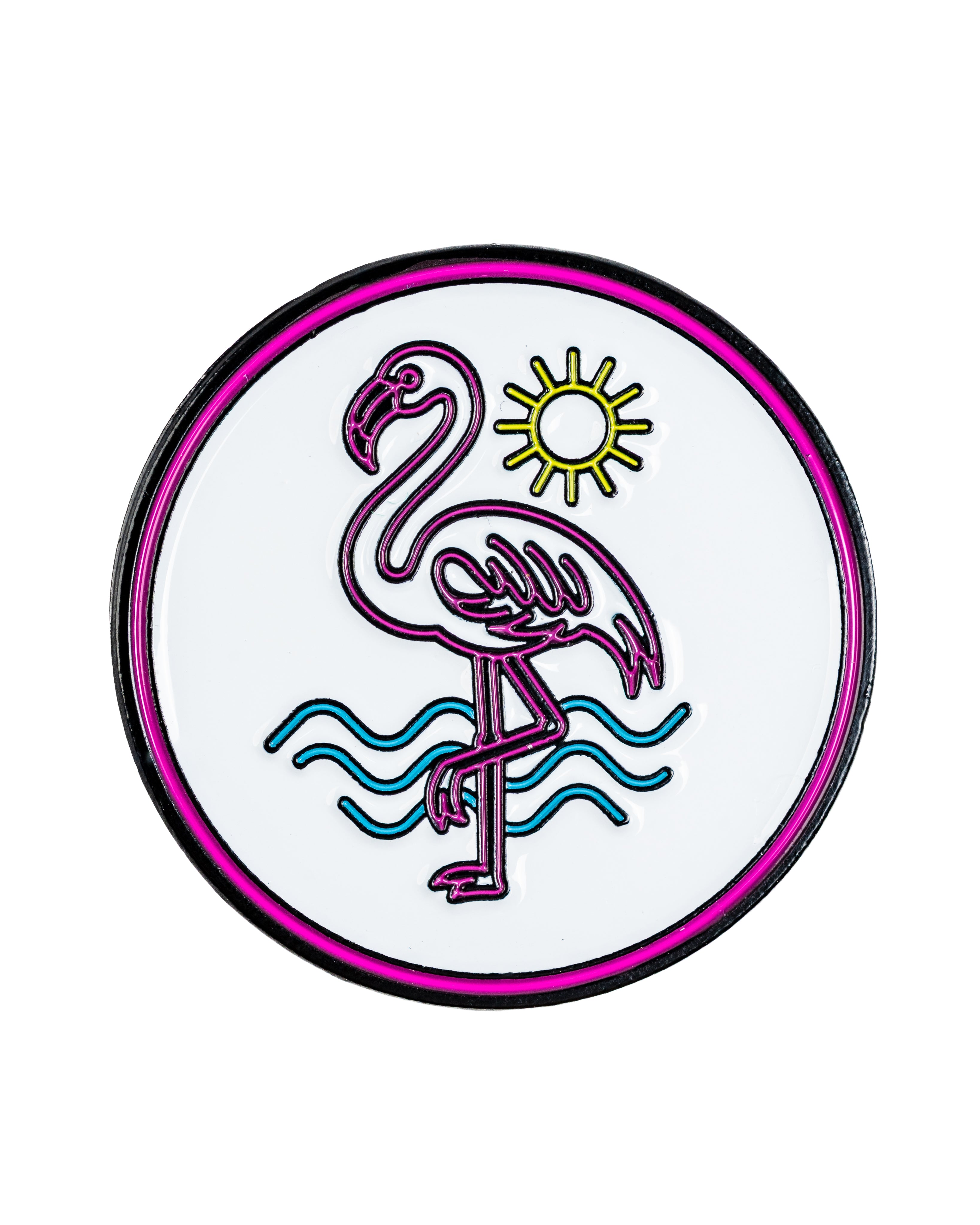Perforated rope hat featuring a colorful flamingo design with sun and waves, perfect for stylish golfers.