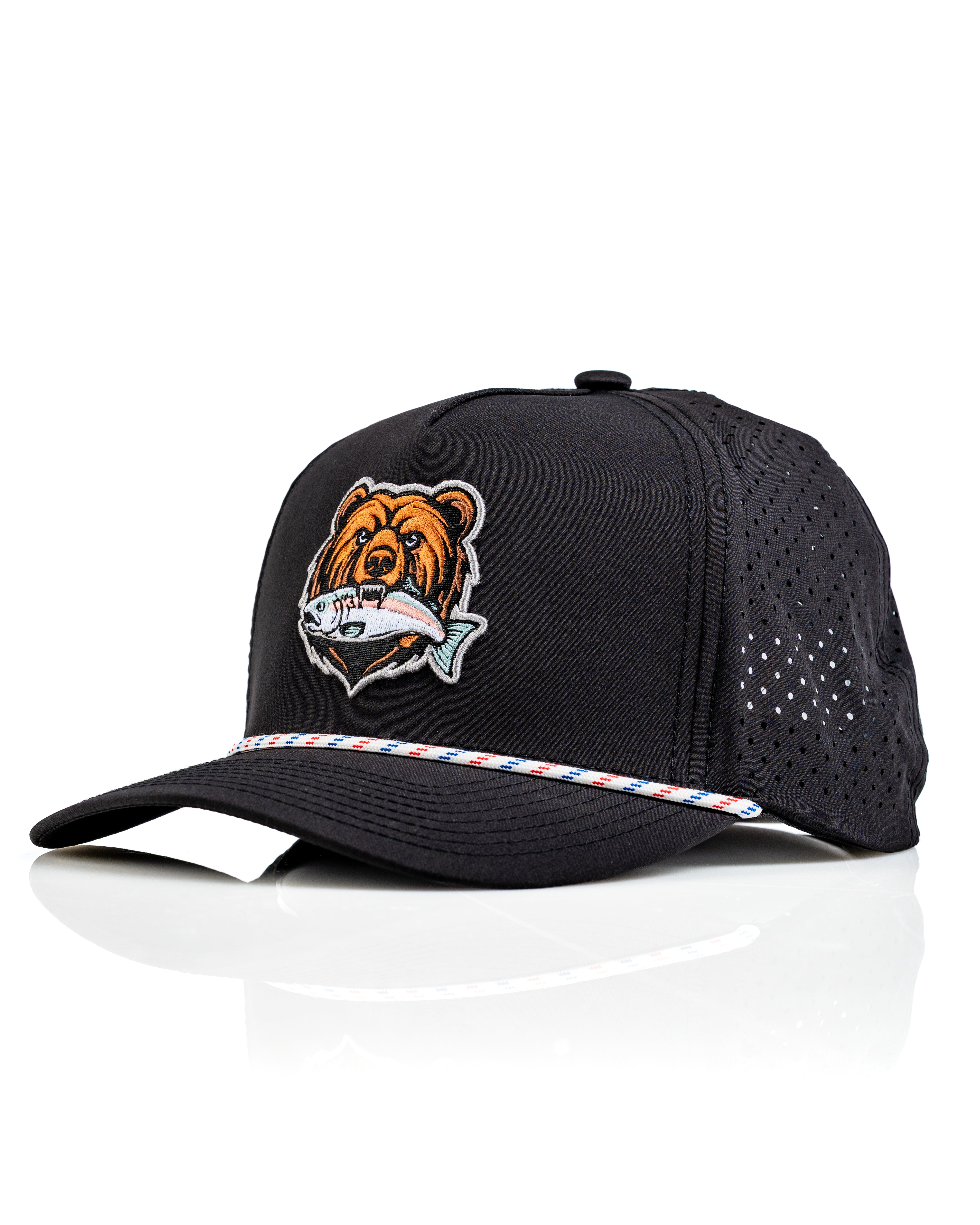 Perforated black rope hat featuring a bear graphic holding a fish, ideal for stylish golfers seeking unique accessories.