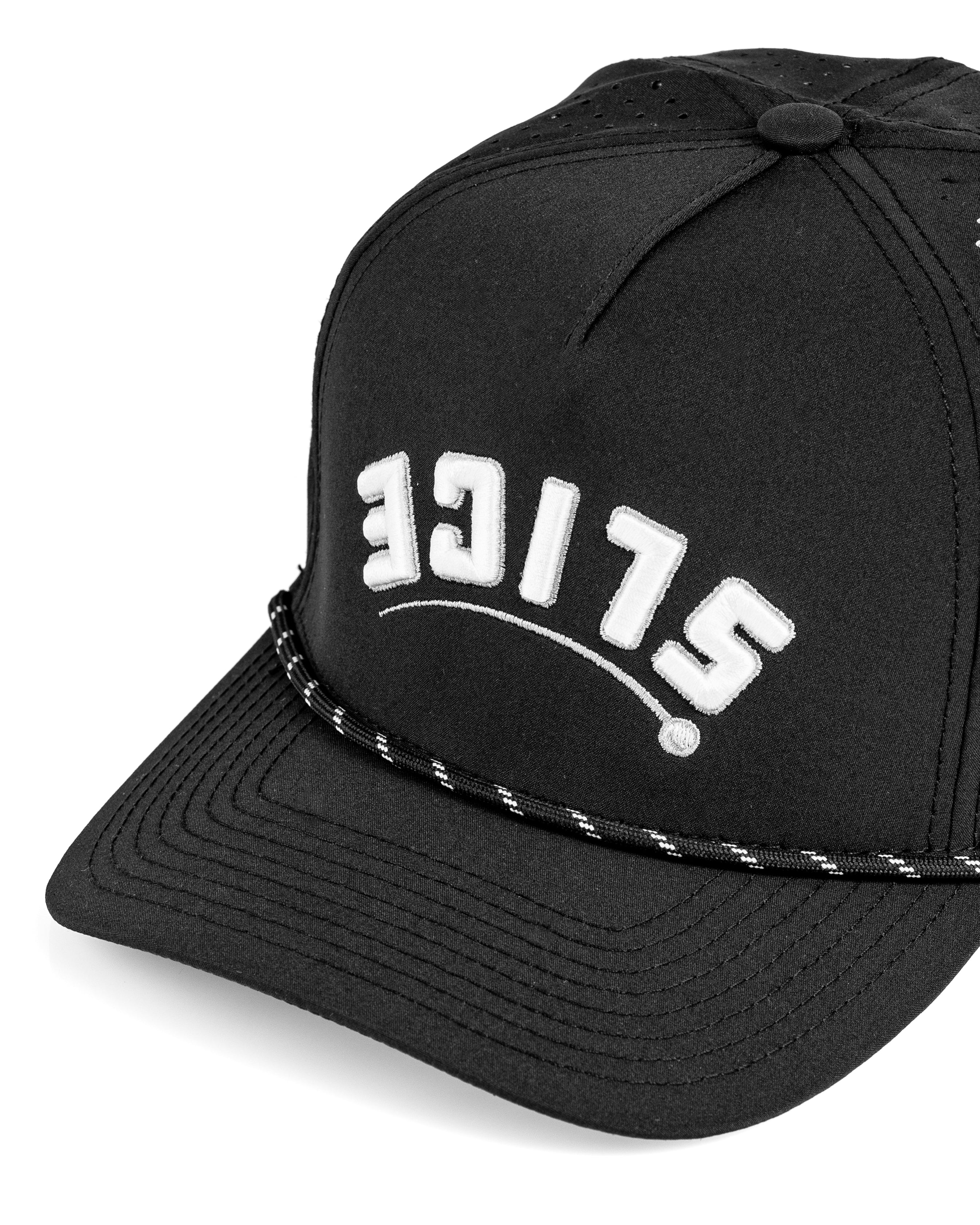 Black perforated rope hat featuring "SLICE" embroidered in bold white letters and a stylish braided rope detail.