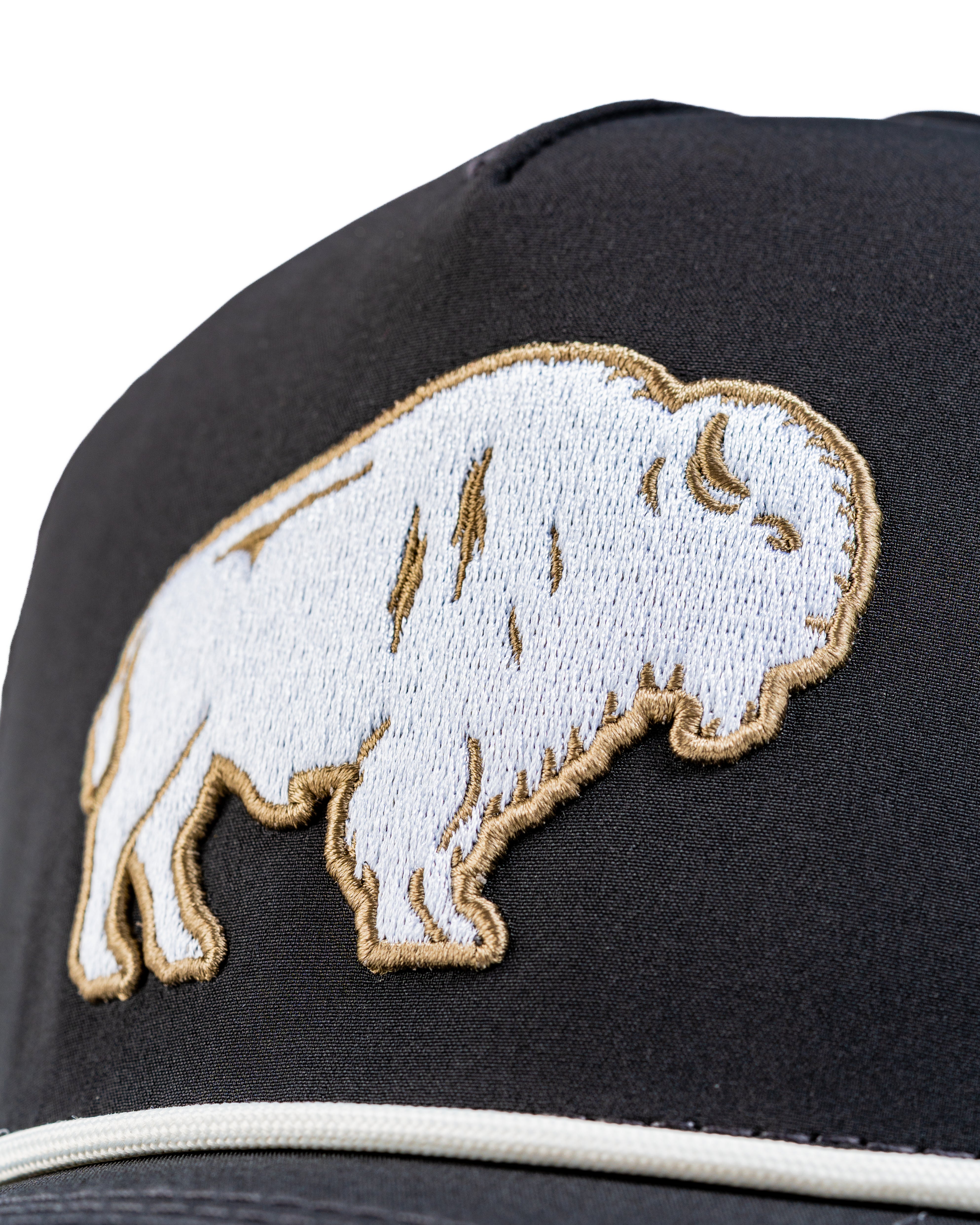 Perforated Rope Hat featuring a detailed embroidered Great White Buffalo design on a black background.