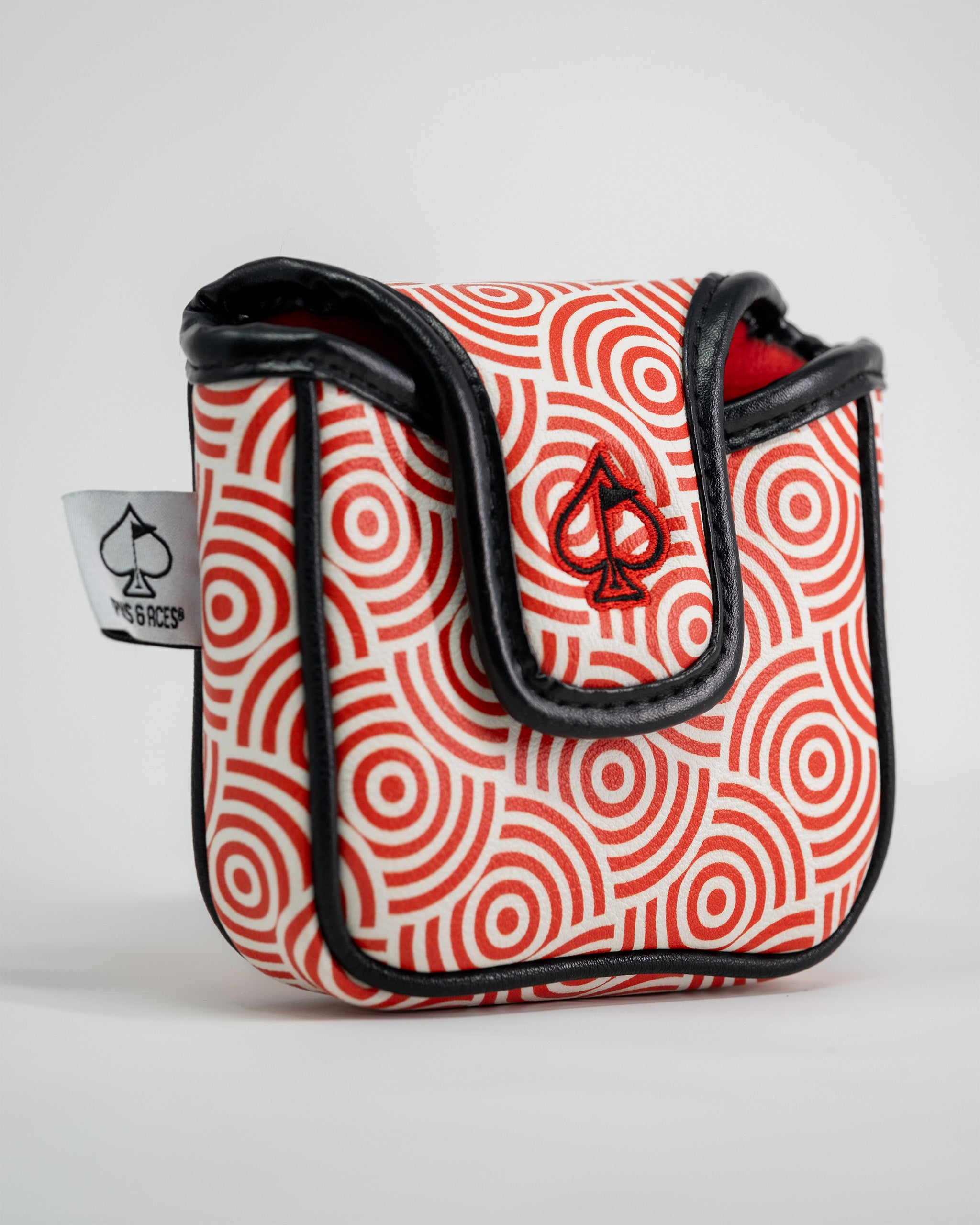 Red and white patterned mallet putter cover with black trim and spade logo, designed to protect golf club heads.