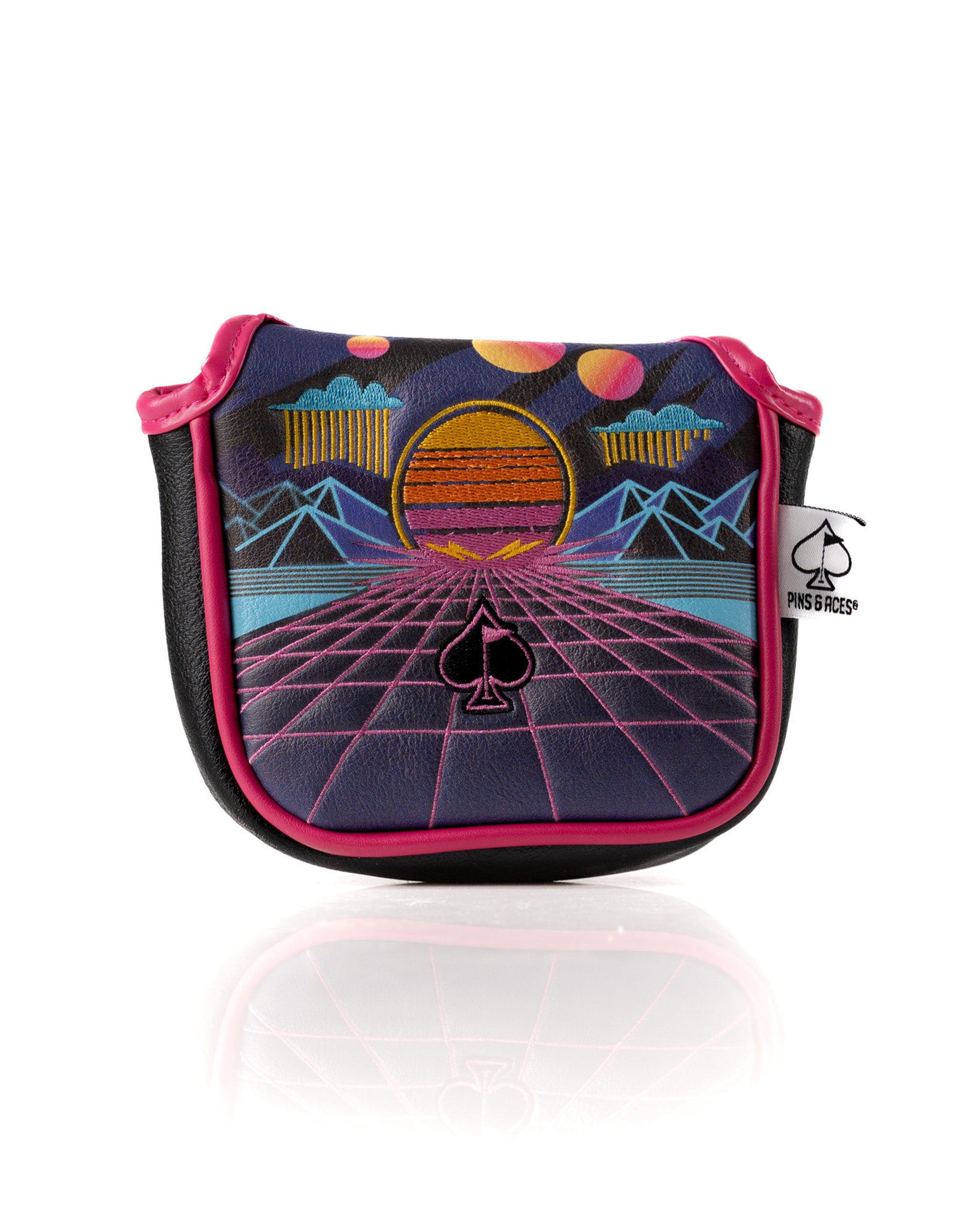 Bold mallet putter cover featuring a vibrant synthwave design with mountains, a sunset, and neon colors.