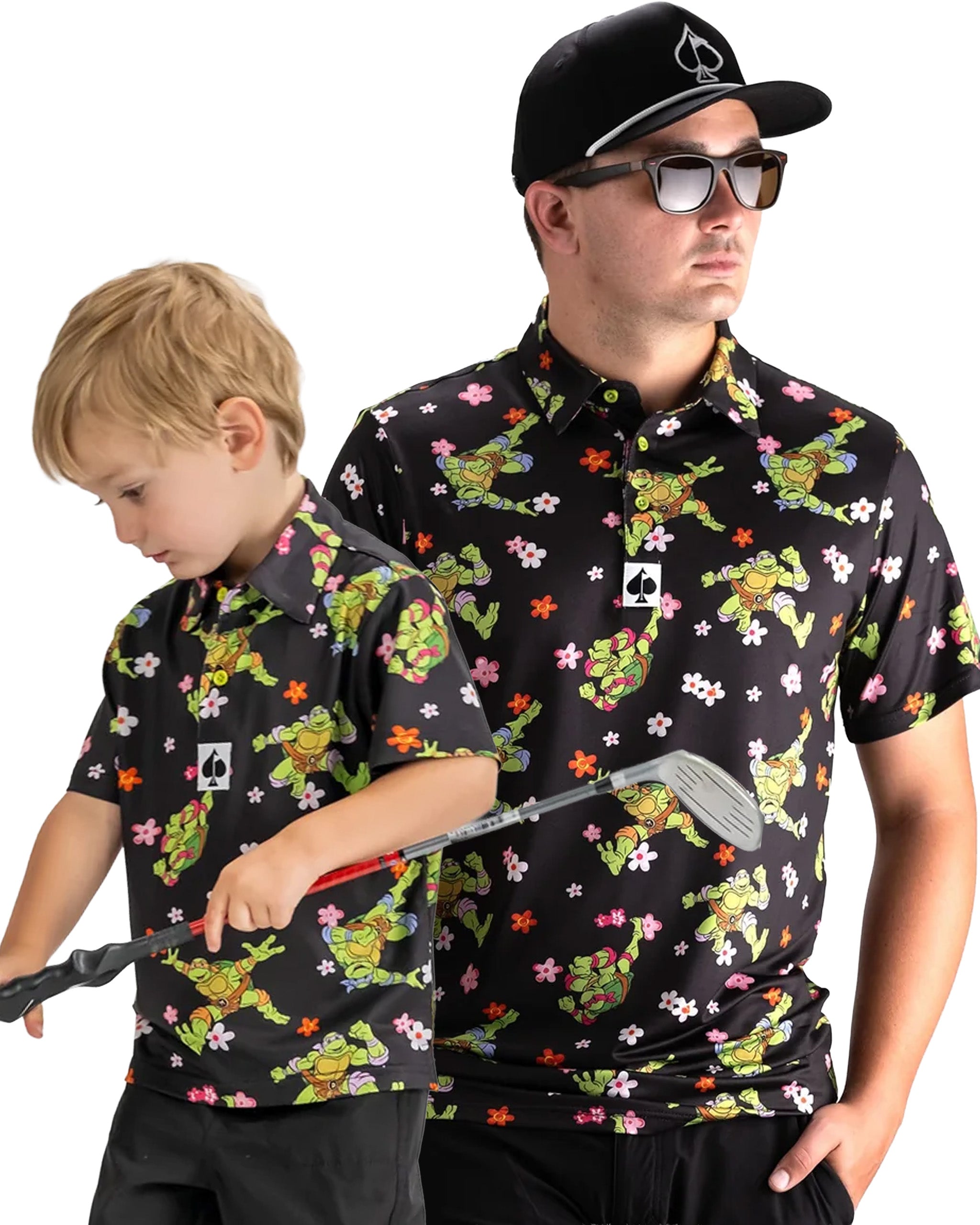 Father and son wearing matching TMNT Turtle Flower Power polos, featuring vibrant turtle and flower designs, perfect for golf.