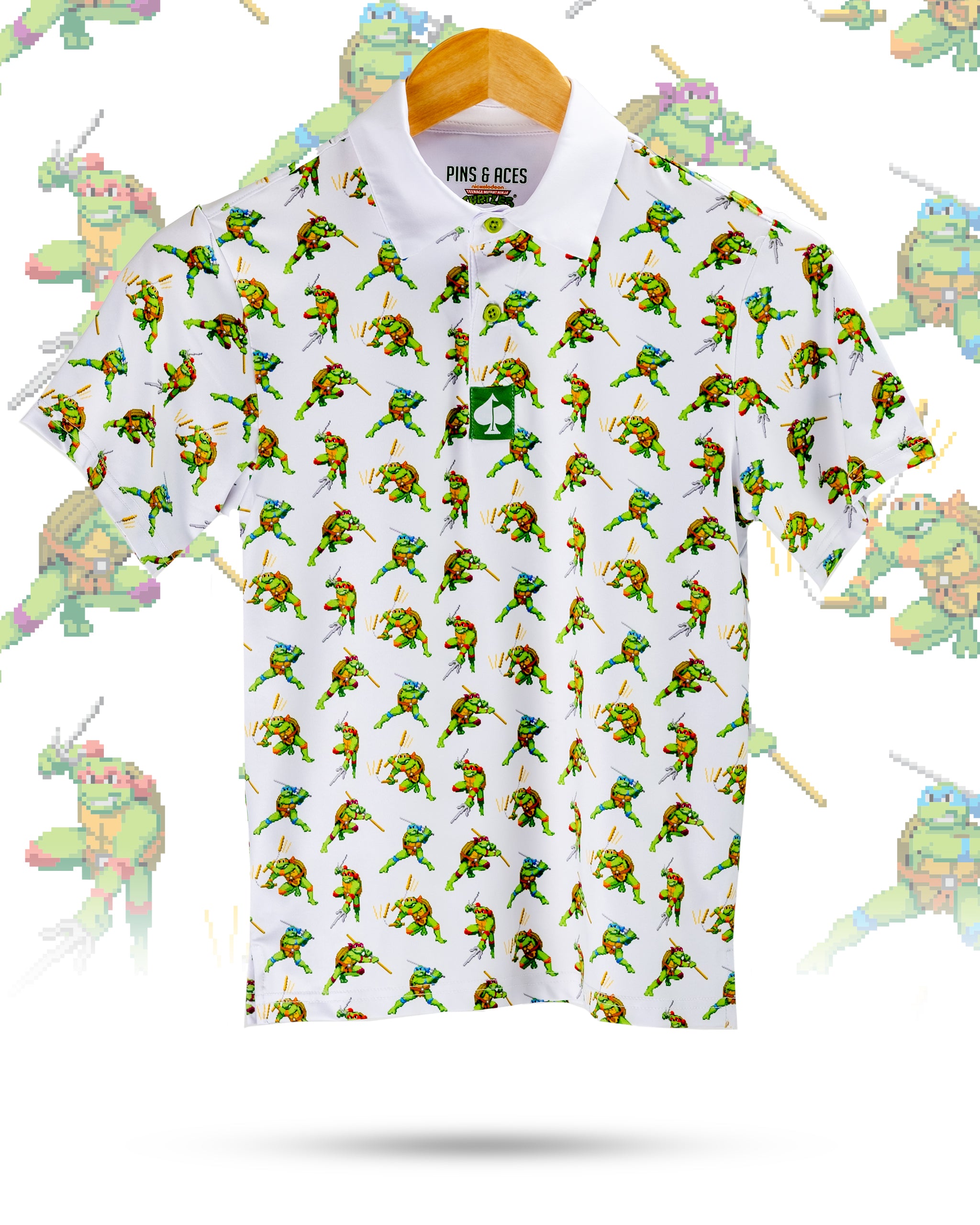 "TMNT Youth Cowabunga Classic 8-Bit polo shirt featuring vibrant Teenage Mutant Ninja Turtles graphics."