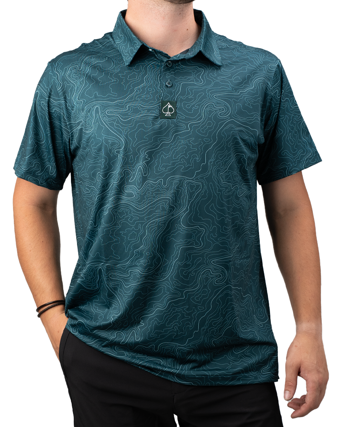Men's Terrain golf polo in teal featuring a topographic pattern, designed for style and comfort on the course.