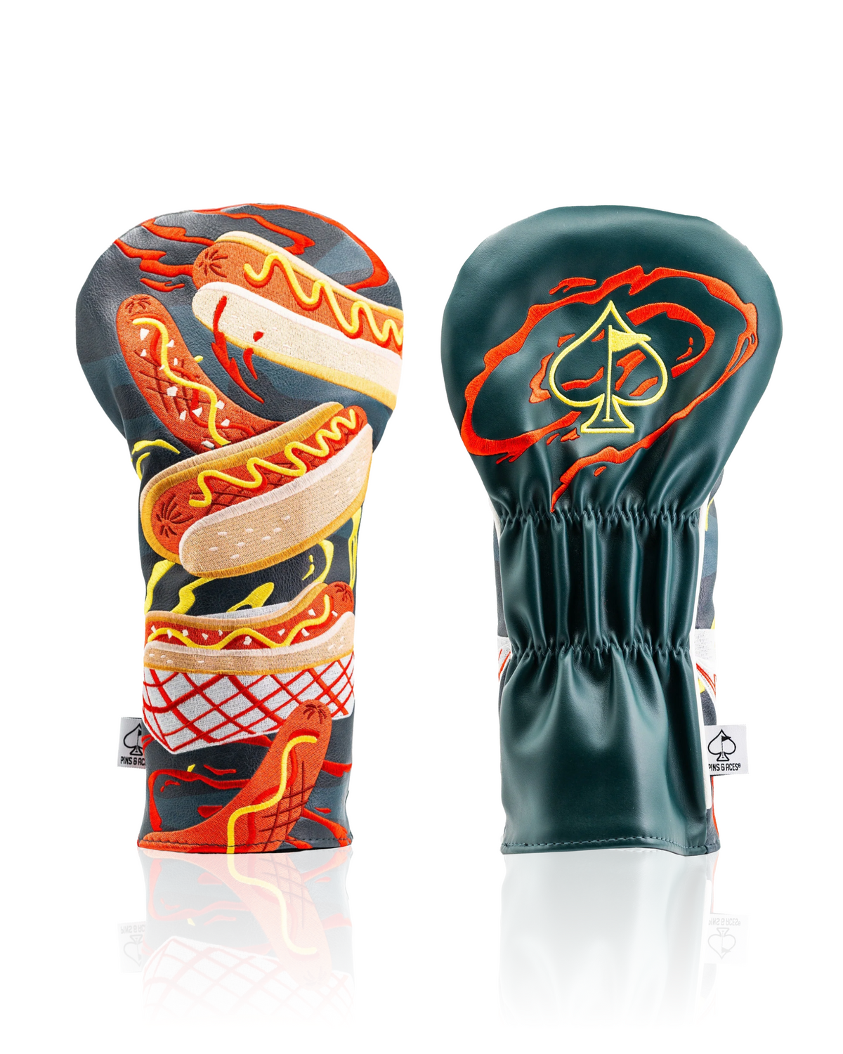 Bold driver cover featuring a fun hot dog design on one side and a sleek logo on the other, perfect for standout golfers.
