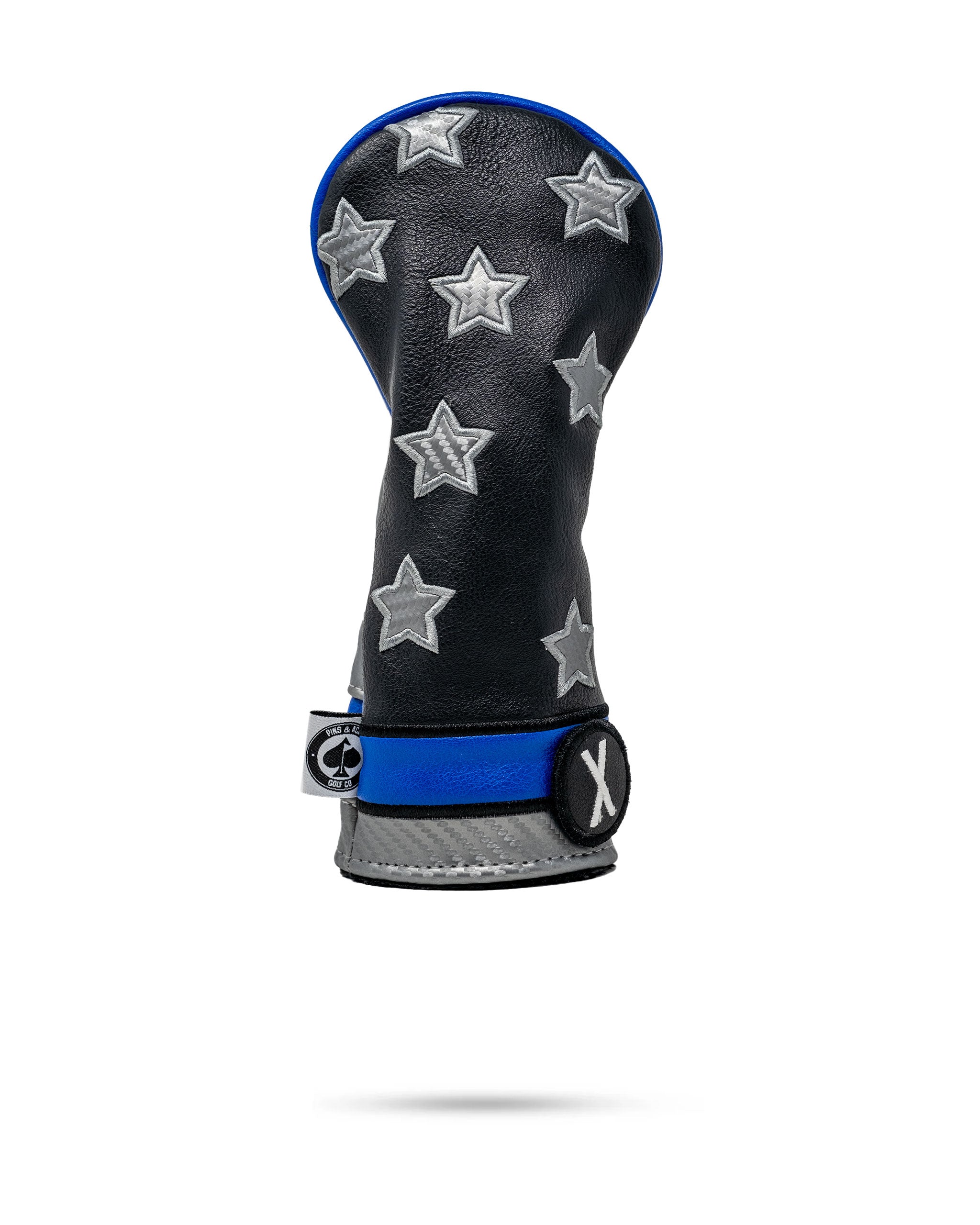 Thin Blue Line hybrid golf cover featuring a sleek black leather design with silver stars and a blue accent.