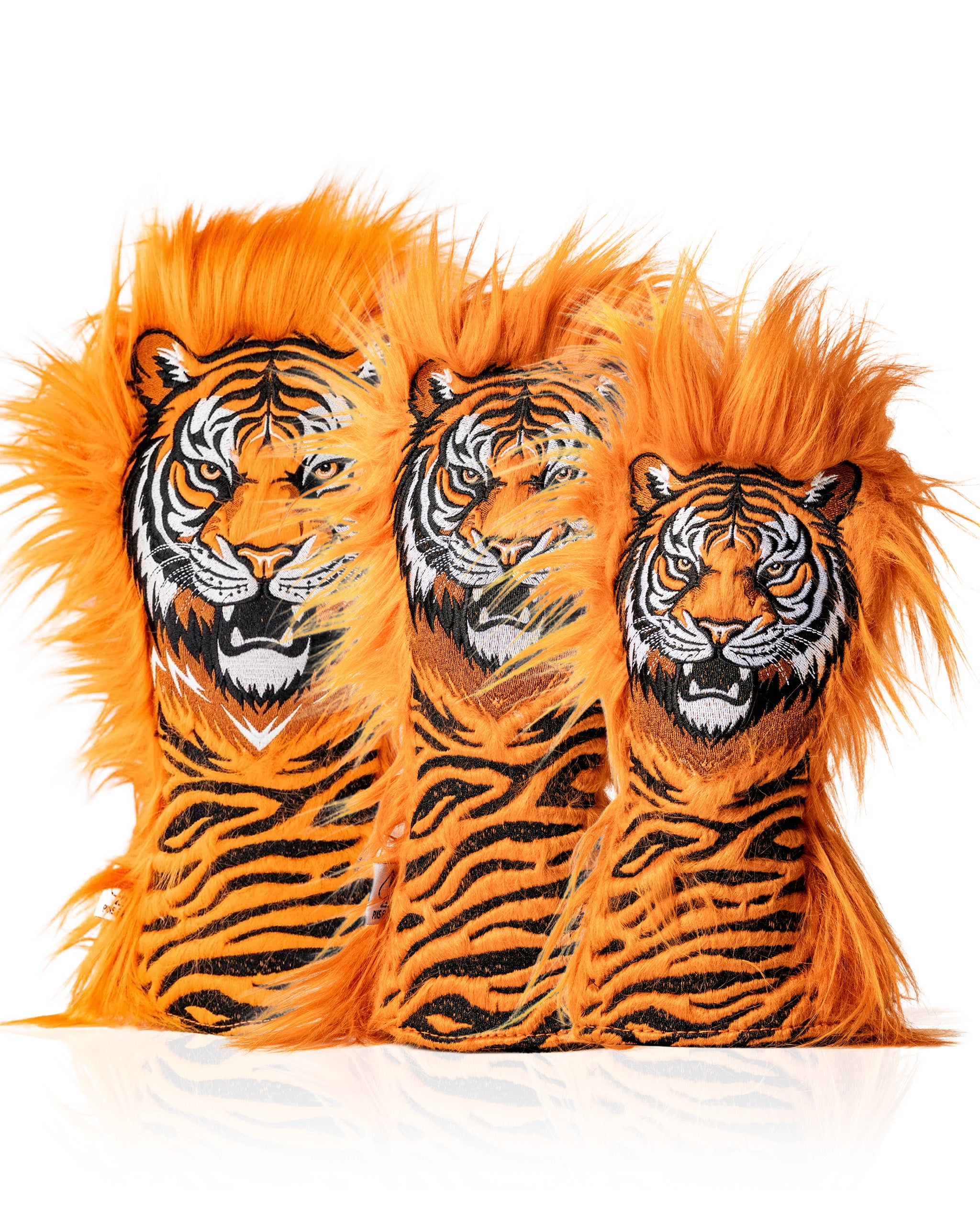 Bold tiger headcover set featuring three vibrant designs with orange fur and detailed tiger embroidery for golfers.