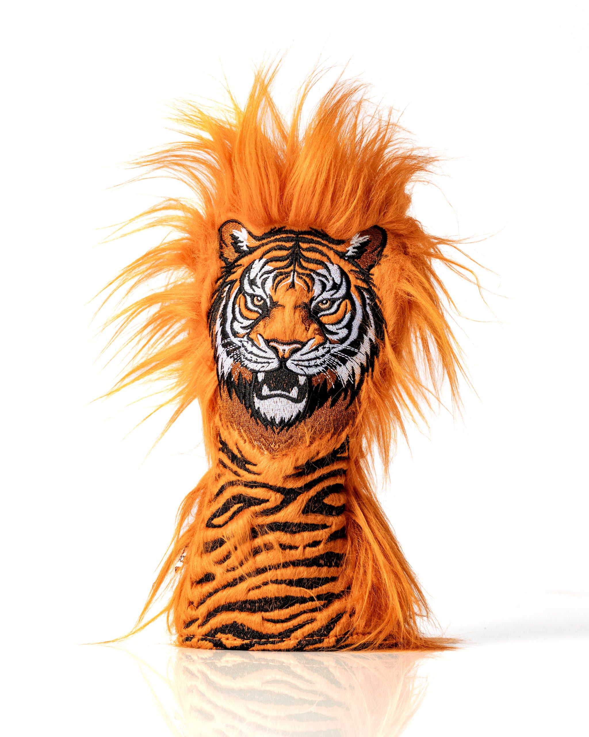 Bold tiger headcover with vibrant orange fur and striking black stripes, designed to protect golf clubs with style.