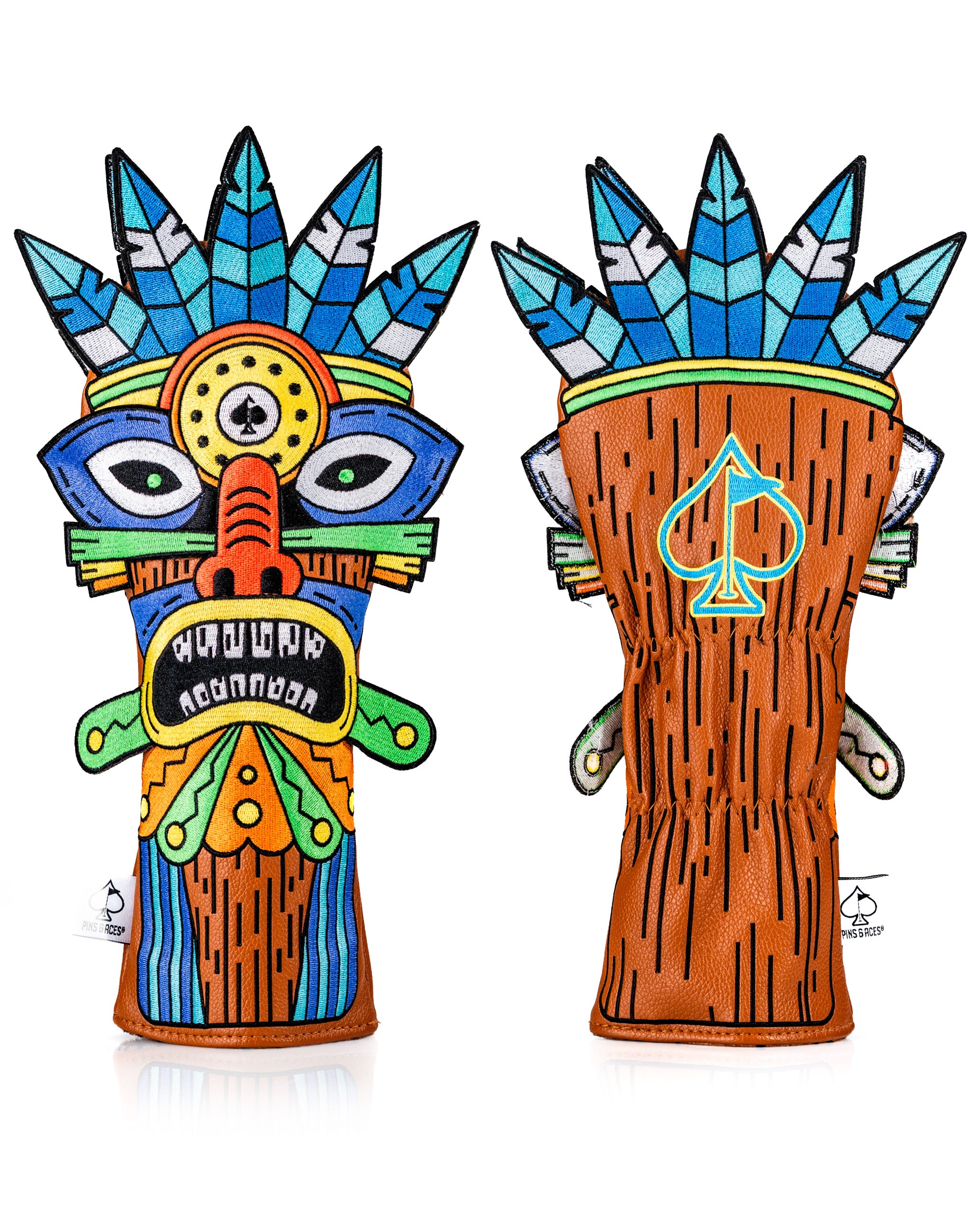 Colorful Tiki hybrid golf cover featuring a tribal design with vibrant patterns and a spade logo, perfect for stylish golfers.