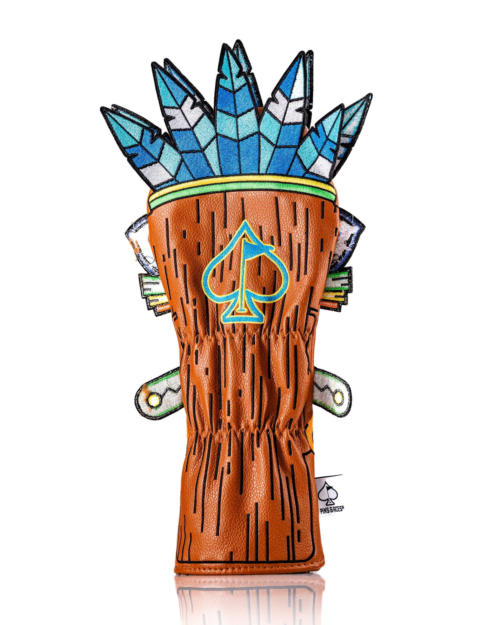 Bold Tiki hybrid golf cover featuring a wooden design with colorful crystal accents and an embroidered spade logo.