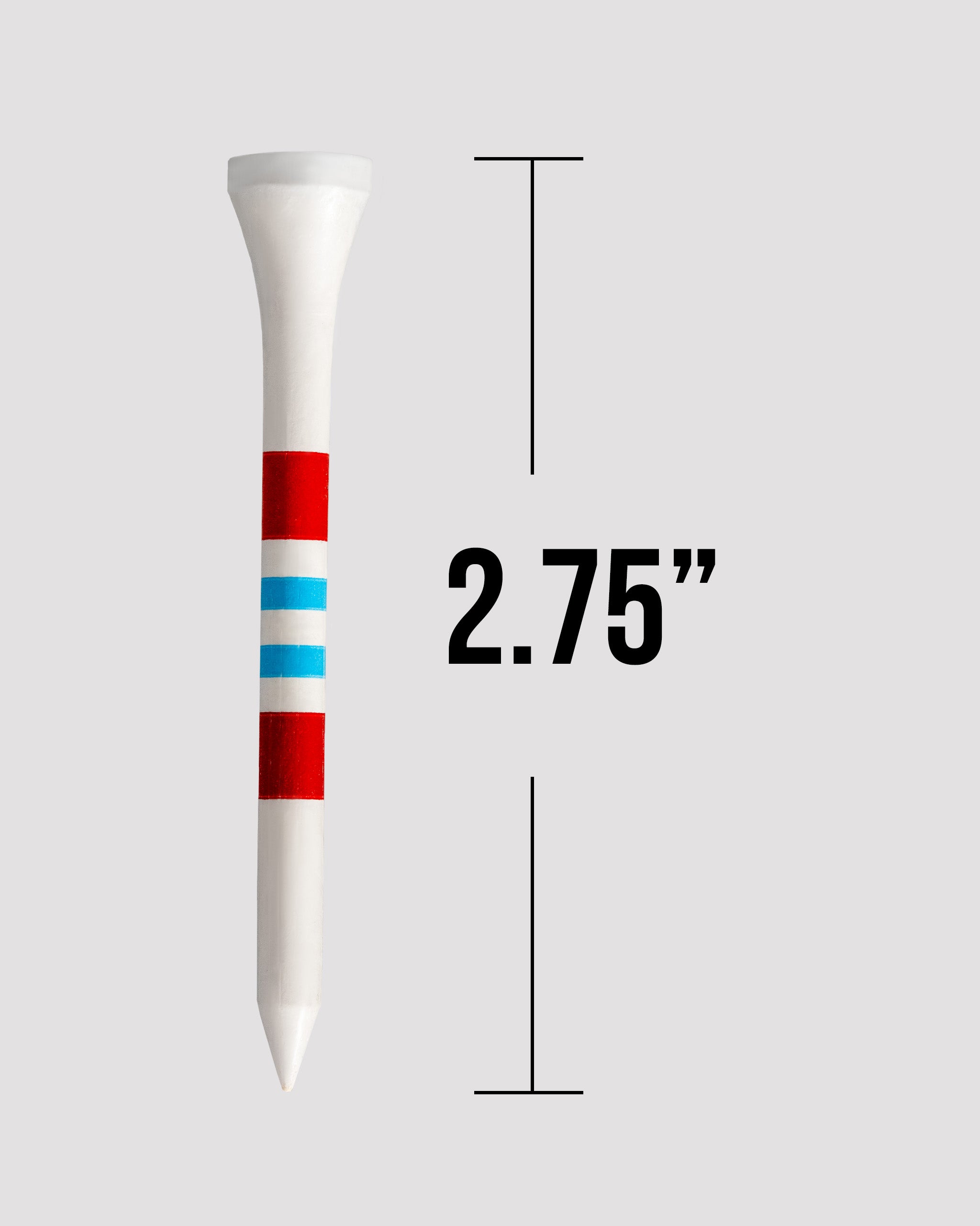 A white tin of tees with red and blue stripes, measuring 2.75 inches tall, designed for storing or organizing T-shirts.