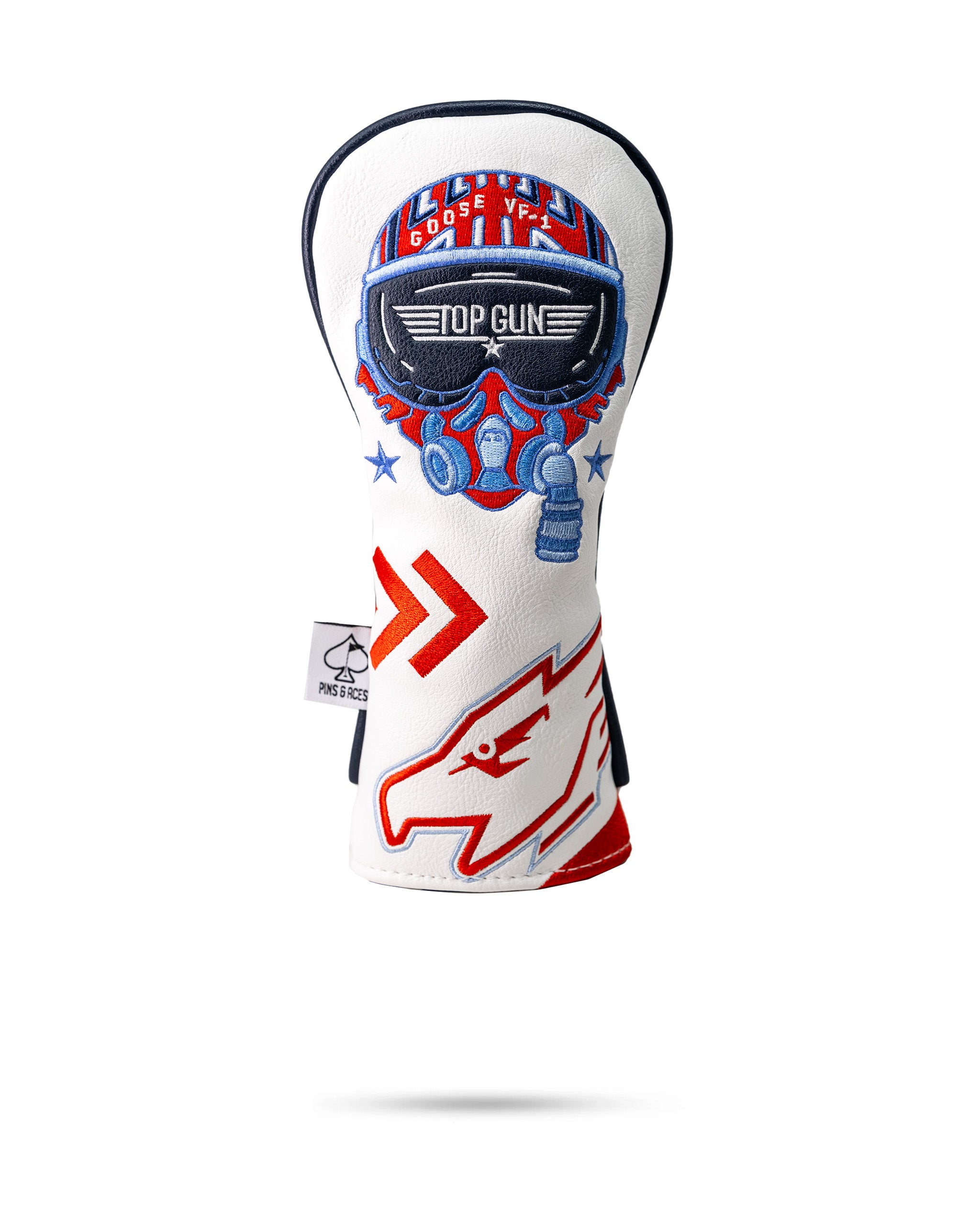 Colorful golf headcover with bold "Top Gun" and fighter jet patch, featuring red, white, blue, and black accents for stand...