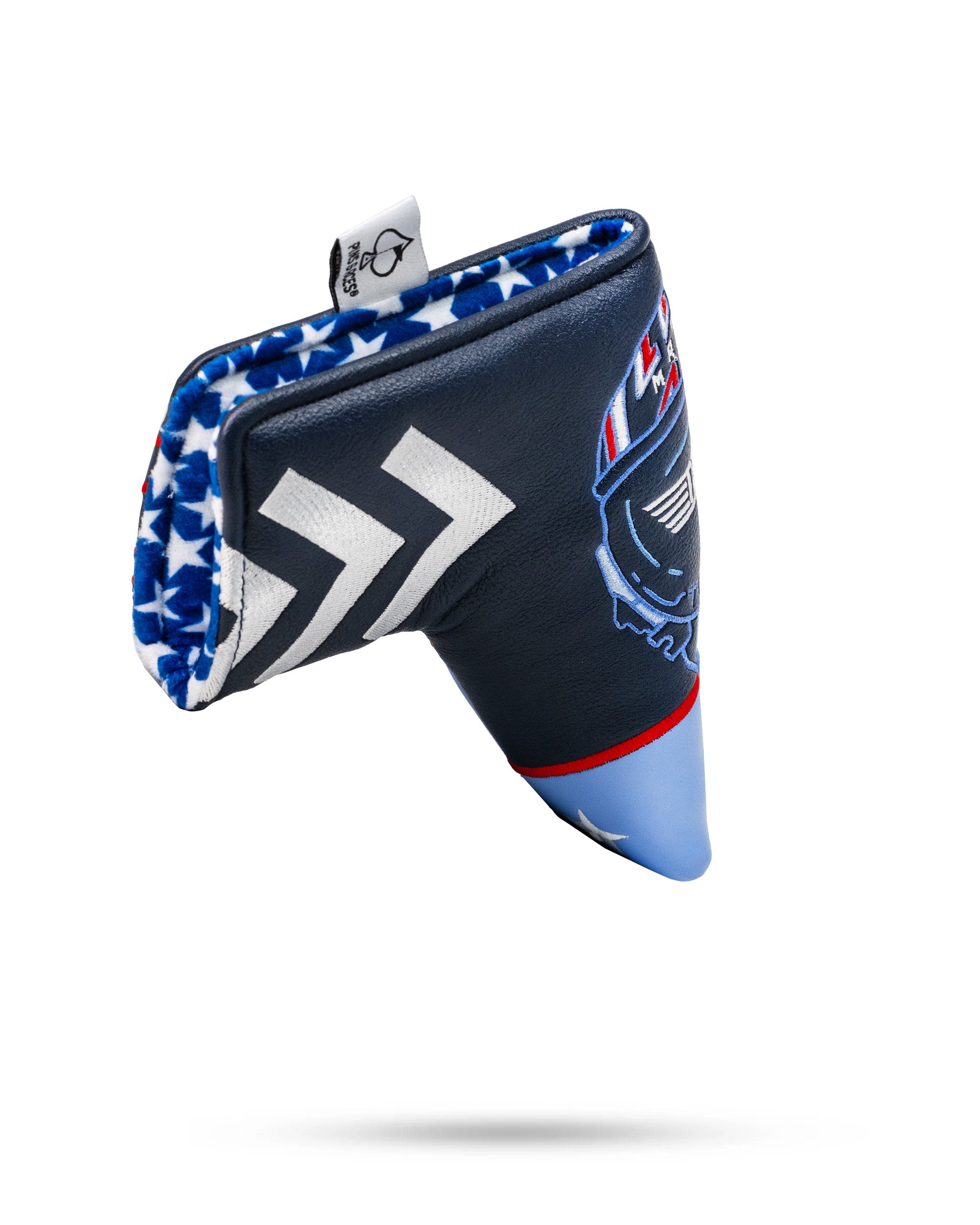 Top Gun Maverick themed golf club blade headcover with patriotic colors, logo embroidery, and star-spangled lining.