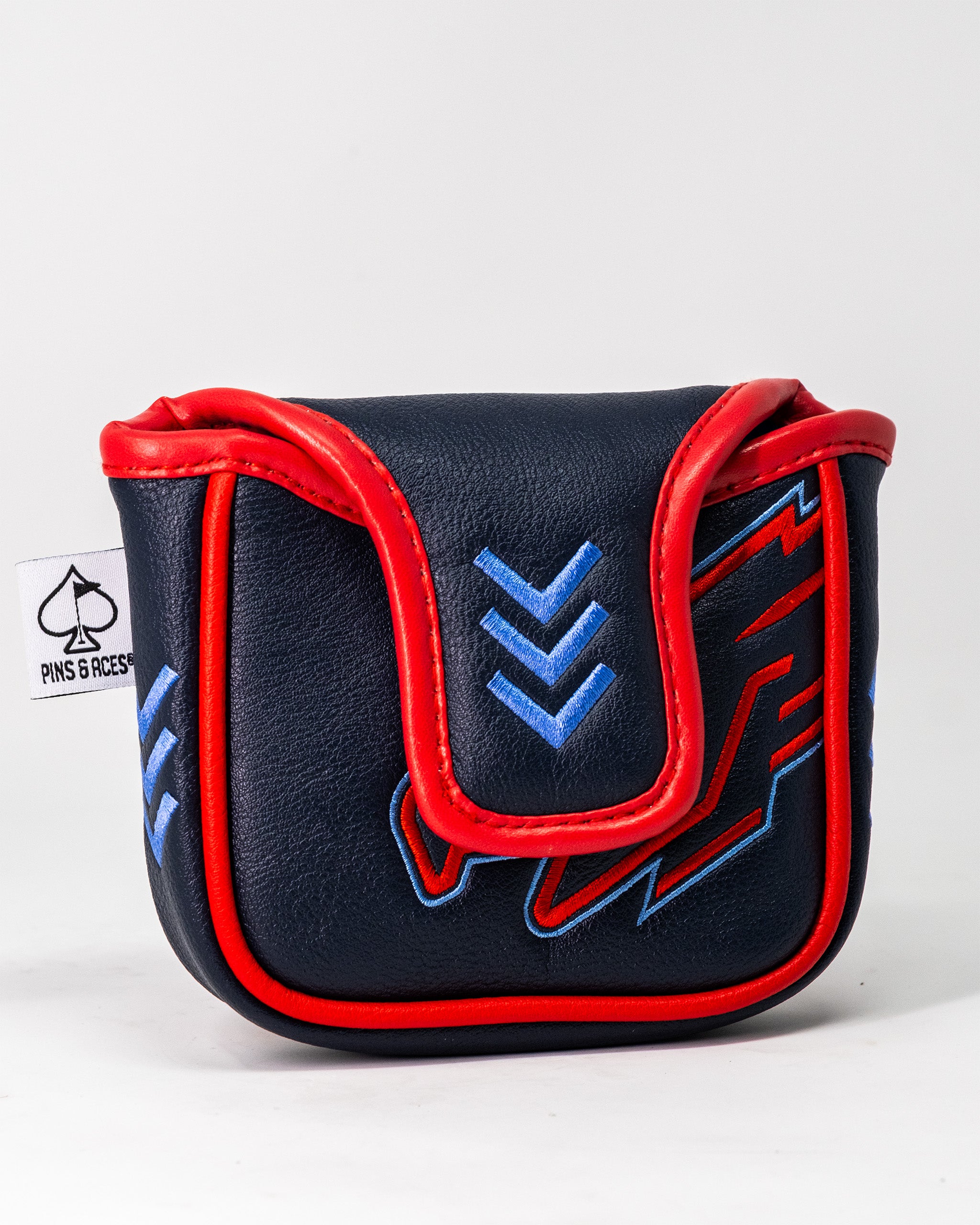 Top Gun Maverick themed golf club headcover with navy blue, red, and blue embroidered details and a Pins and Aces tag.