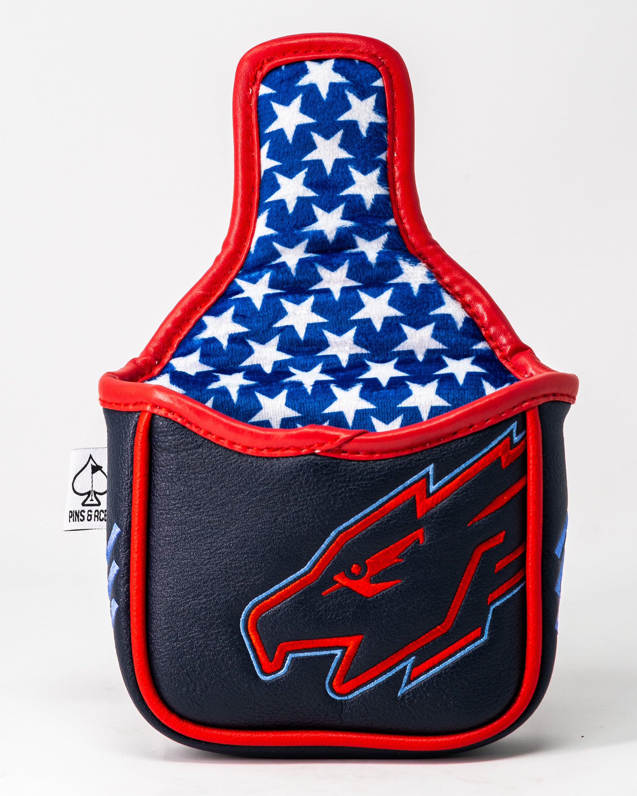 Top Gun Maverick golf club headcover with a navy blue exterior, red accents, and an American flag star pattern lining.