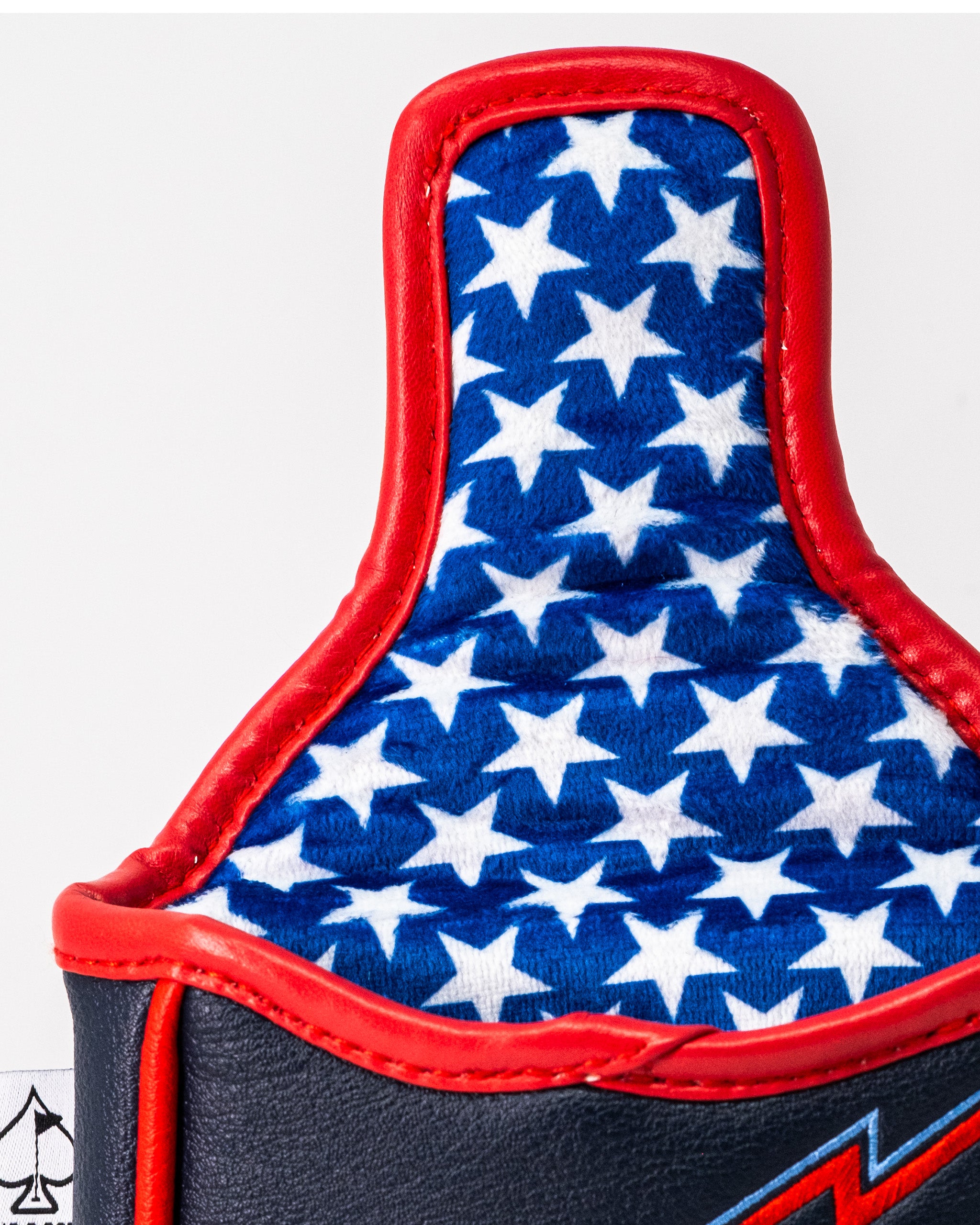 Mallet headcover featuring a red border and blue interior with white stars, inspired by Top Gun Maverick.