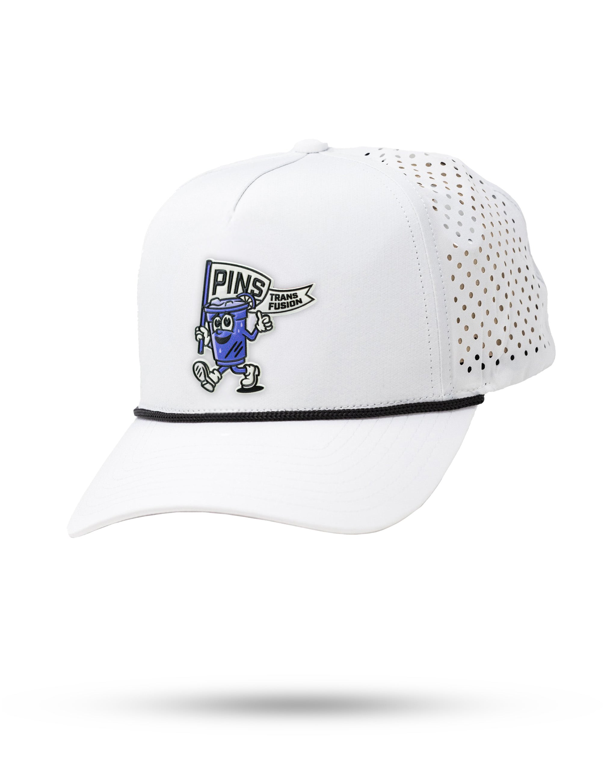 White perforated rope hat featuring a playful Mr. Transfusion graphic and "PINS" logo, perfect for stylish golfers.