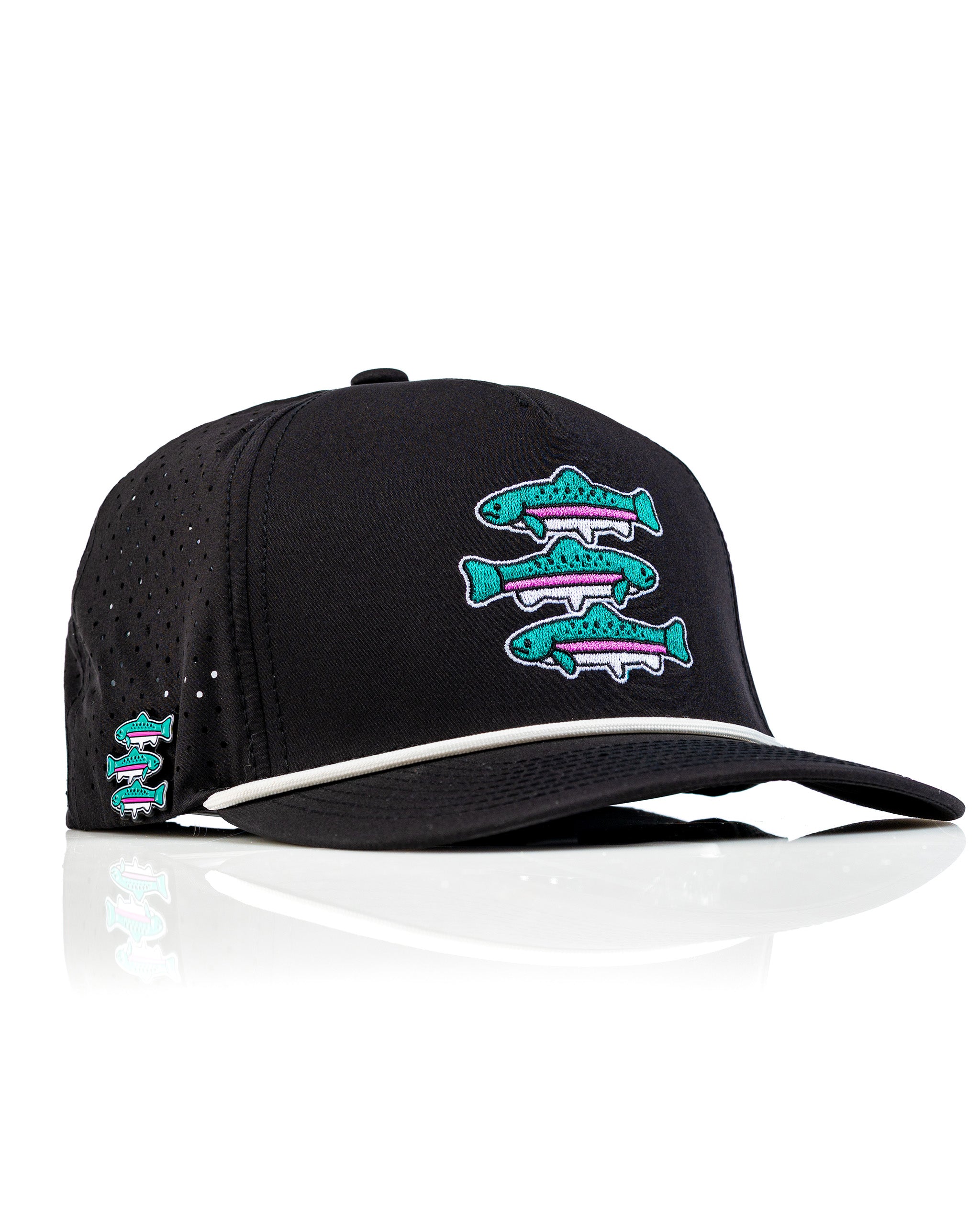 Perforated black rope hat featuring colorful fish embroidery, perfect for stylish golfers and outdoor enthusiasts.