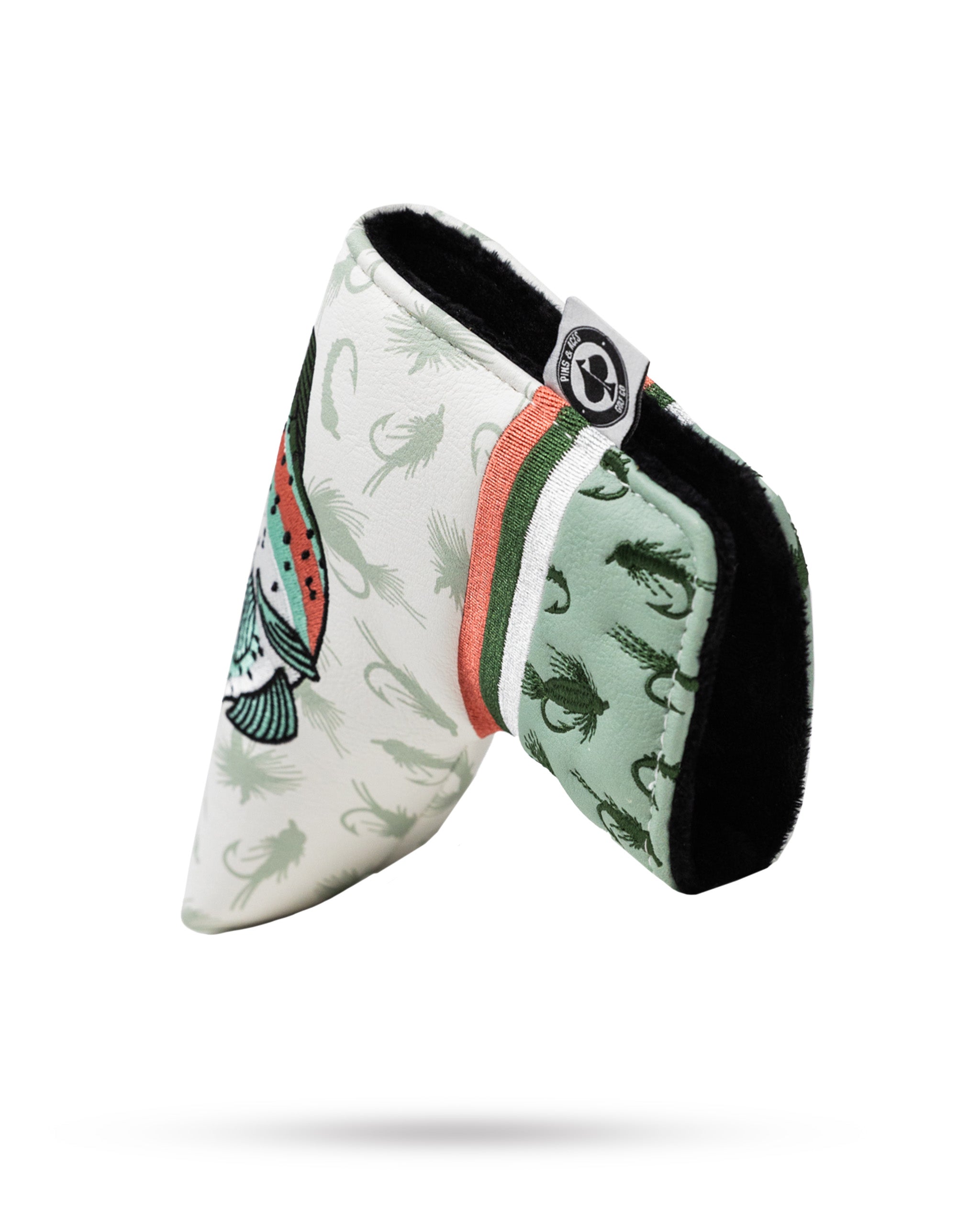 Trout Blade Putter Cover featuring a vibrant fish design, made of durable fabric for golf club protection.