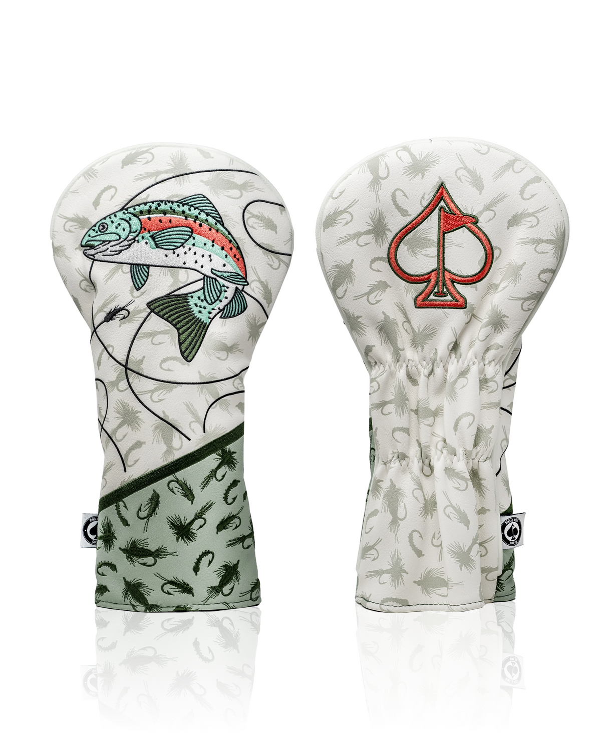 Trout driver cover featuring a colorful fish design and a spade logo, perfect for stylish golfers.