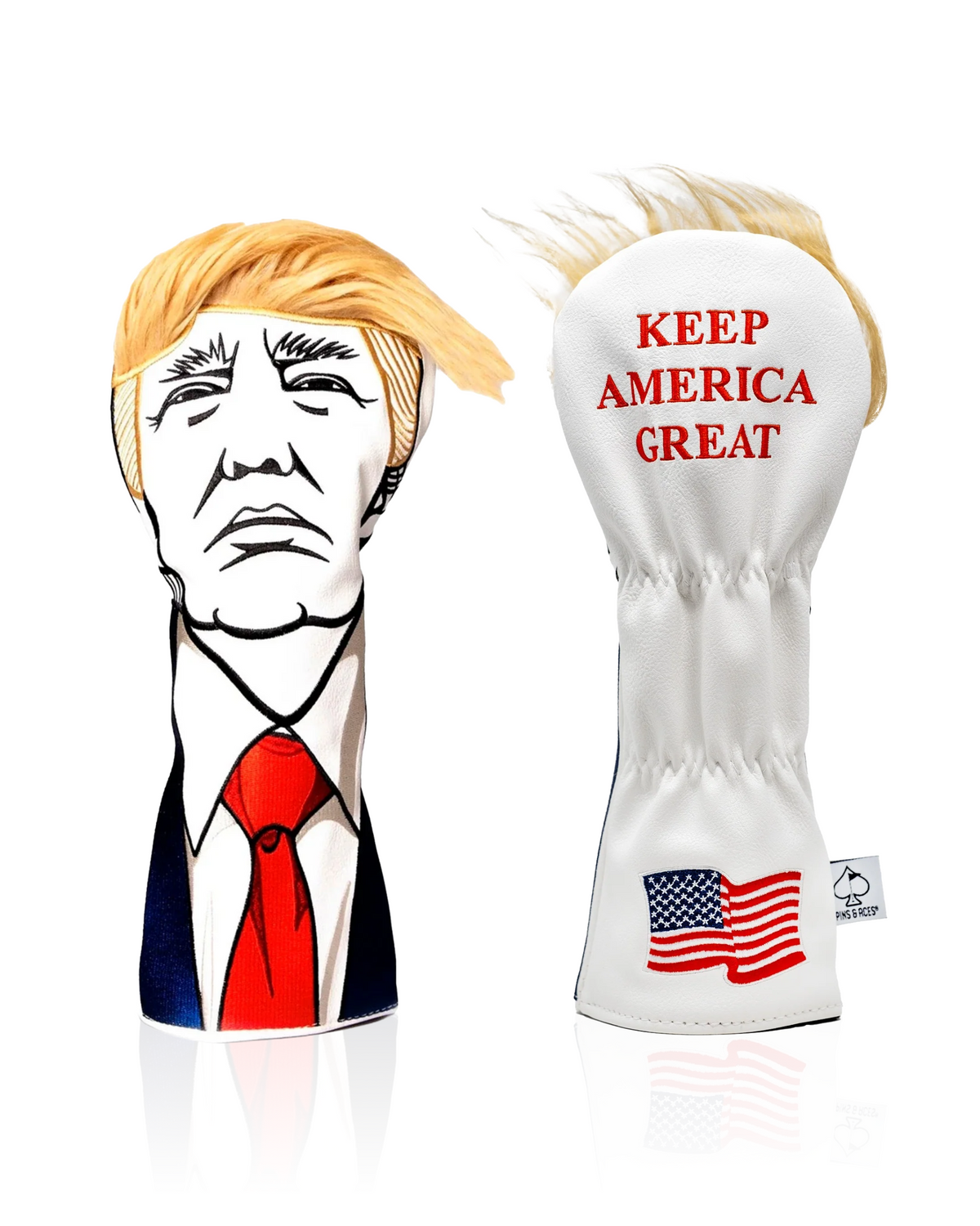 Bold golf fairway cover featuring a caricature of a former president with "Keep America Great" slogan and American flag.