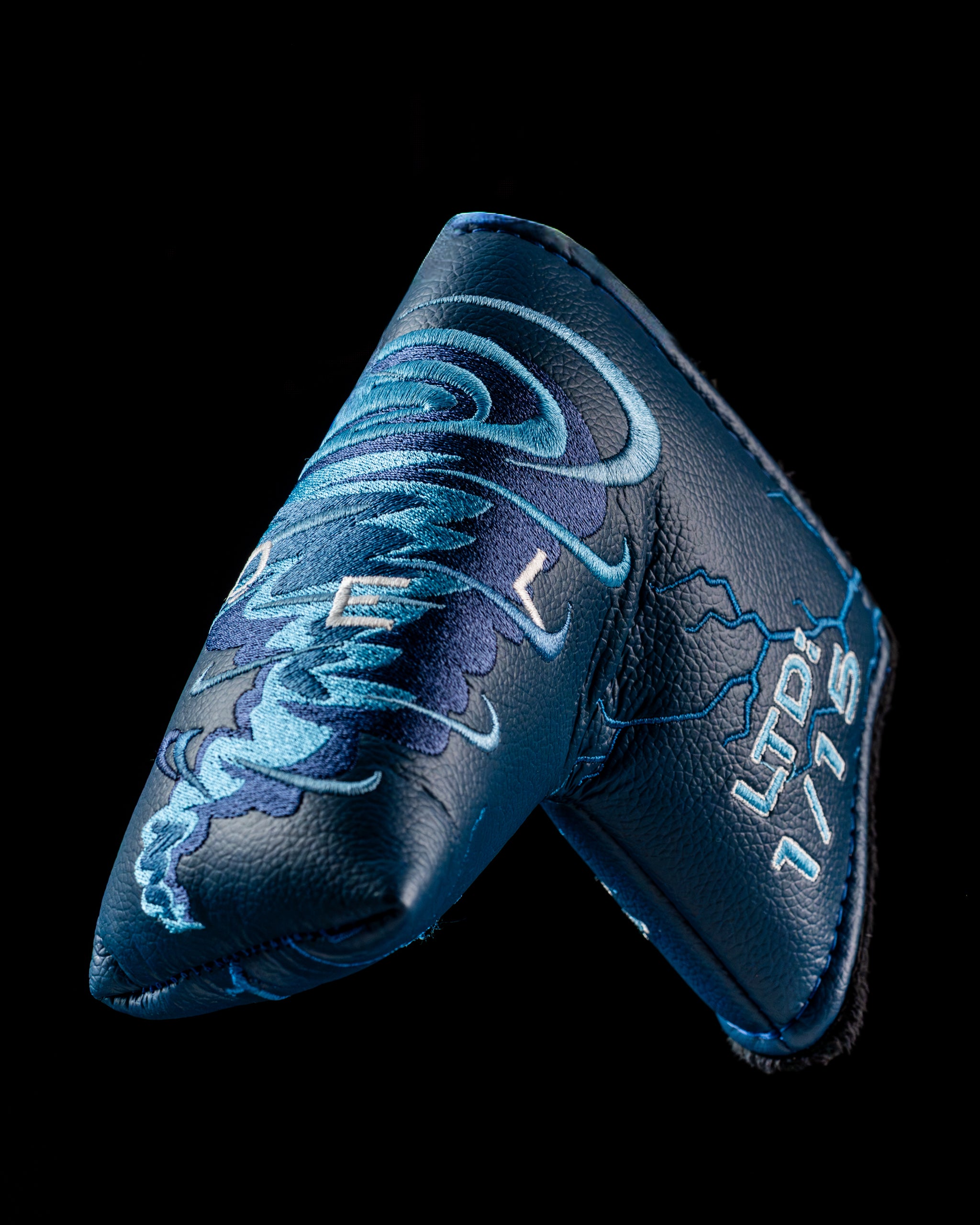 Edel Twister Putter headcover featuring a vibrant blue design with swirling patterns and limited edition details.