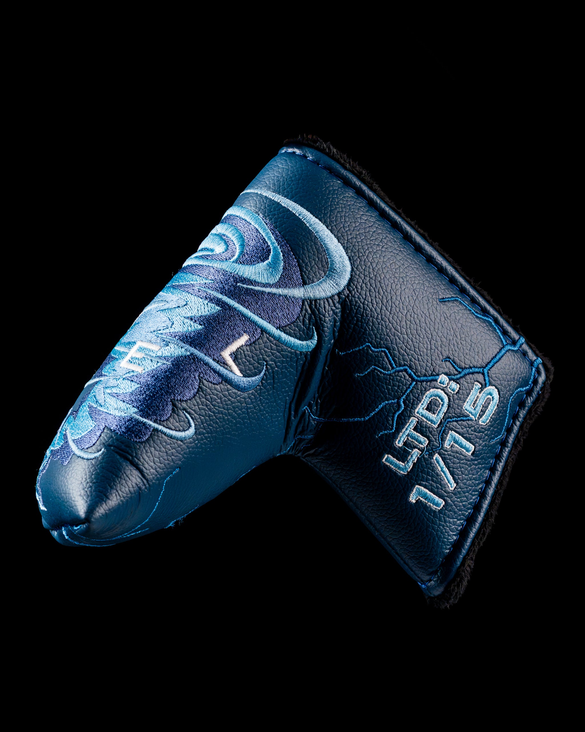 Edel Twister Putter headcover featuring a striking blue design with lightning graphics, ideal for golfers seeking style.